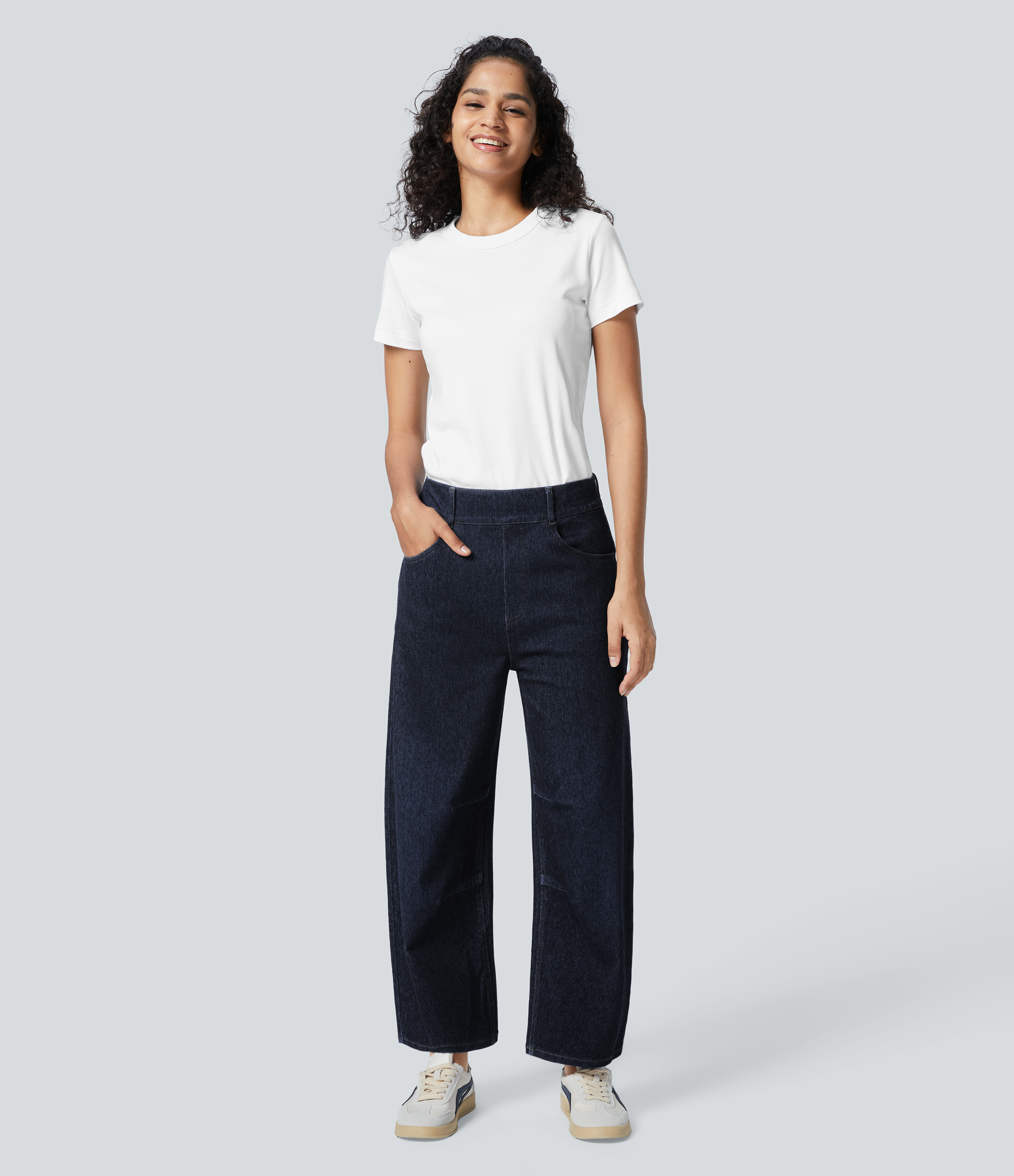 Halara HalaraMagicв„ў Mid Rise Multiple Pockets Stretchy Knit Work Tapered Jeans  - Denim Indigo - M(regular) sweatpants jogger pants 