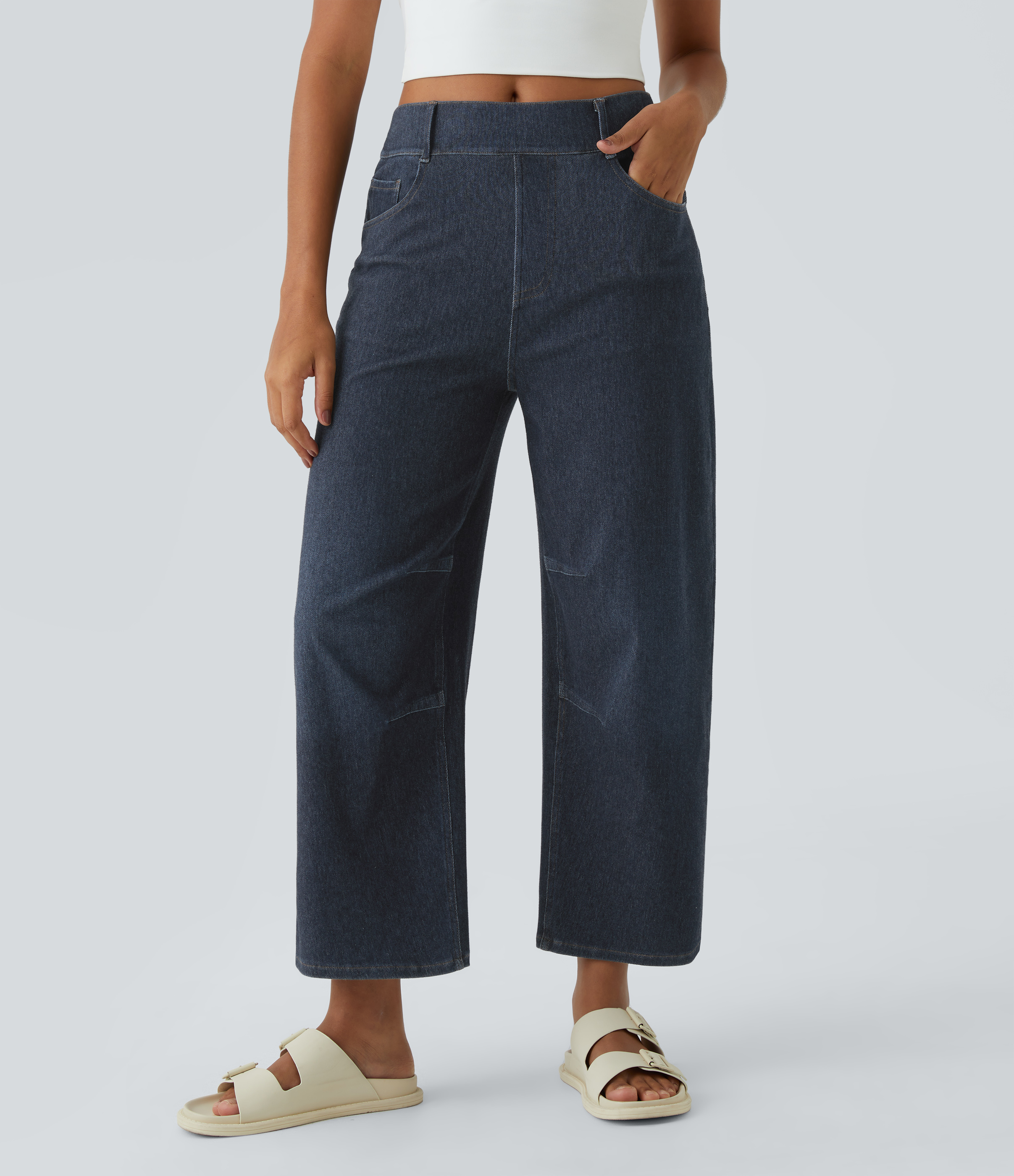 Halara HalaraMagicв„ў Mid Rise Multiple Pockets Stretchy Knit Work Tapered Jeans  - Denim Indigo - M(regular) sweatpants jogger pants 