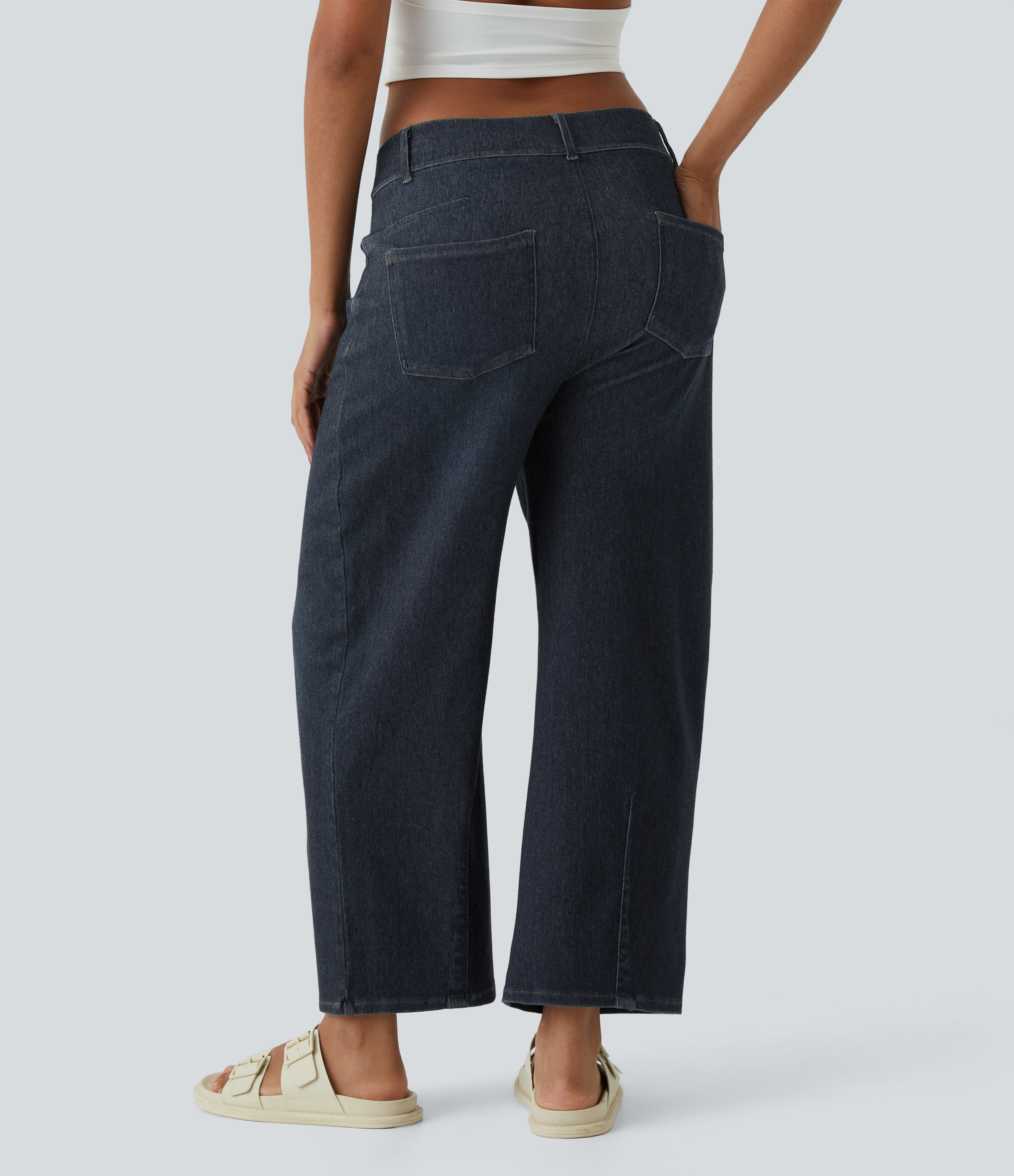 Halara HalaraMagicв„ў Mid Rise Multiple Pockets Stretchy Knit Work Tapered Jeans  - Denim Indigo - M(regular) sweatpants jogger pants 