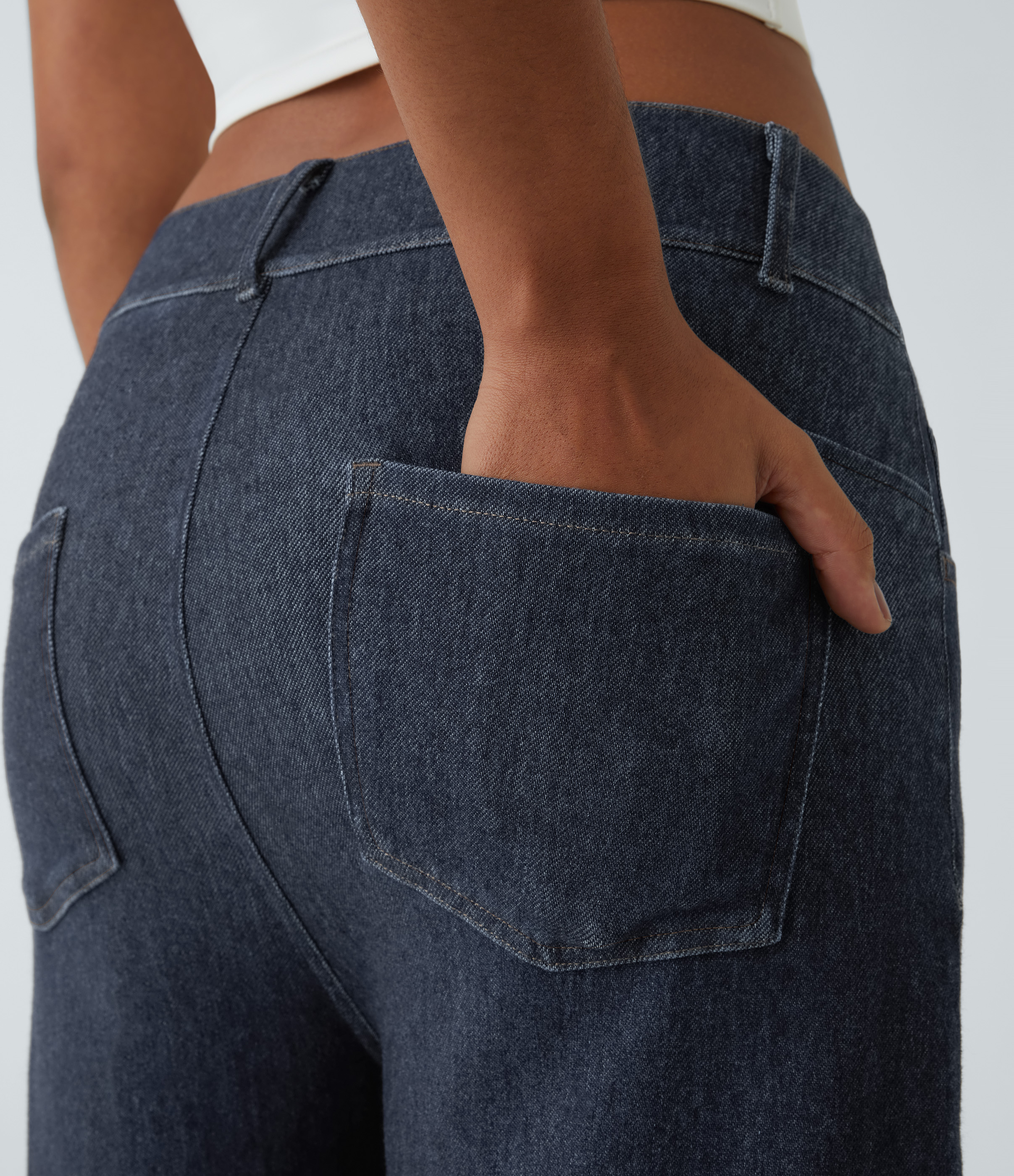 Halara HalaraMagicв„ў Mid Rise Multiple Pockets Stretchy Knit Work Tapered Jeans  - Denim Indigo - M(regular) sweatpants jogger pants 