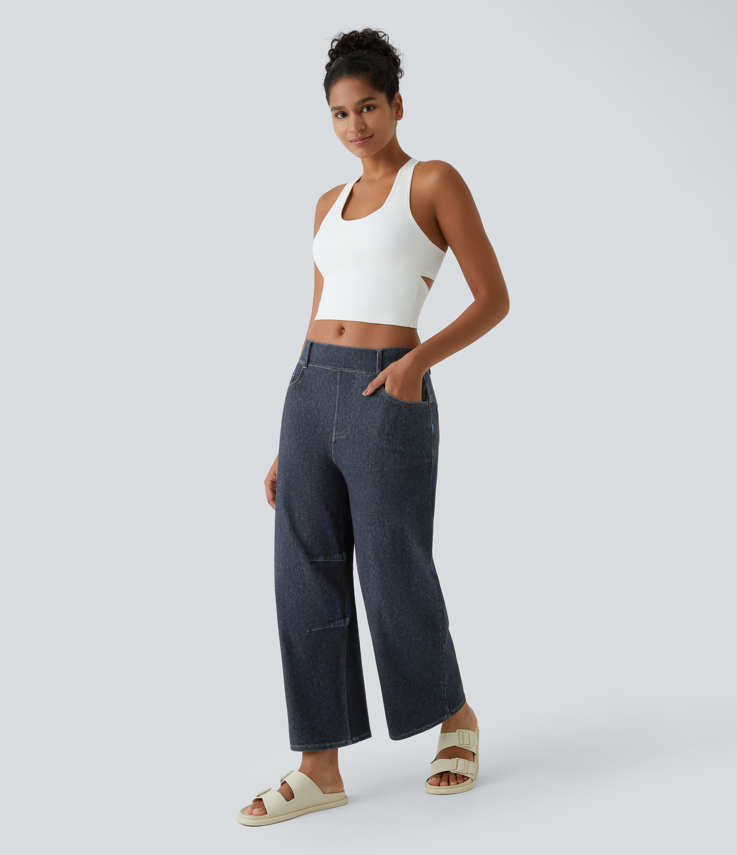 Halara HalaraMagicв„ў Mid Rise Multiple Pockets Stretchy Knit Work Tapered Jeans  - Denim Indigo - M(regular) sweatpants jogger pants 