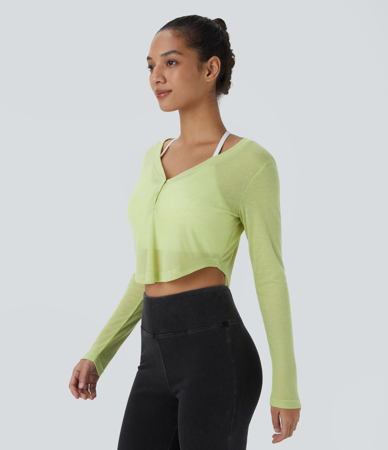 Halara V Neck Button Long Sleeve Curved Hem Cropped Casual Sports Top  - Reed - L 