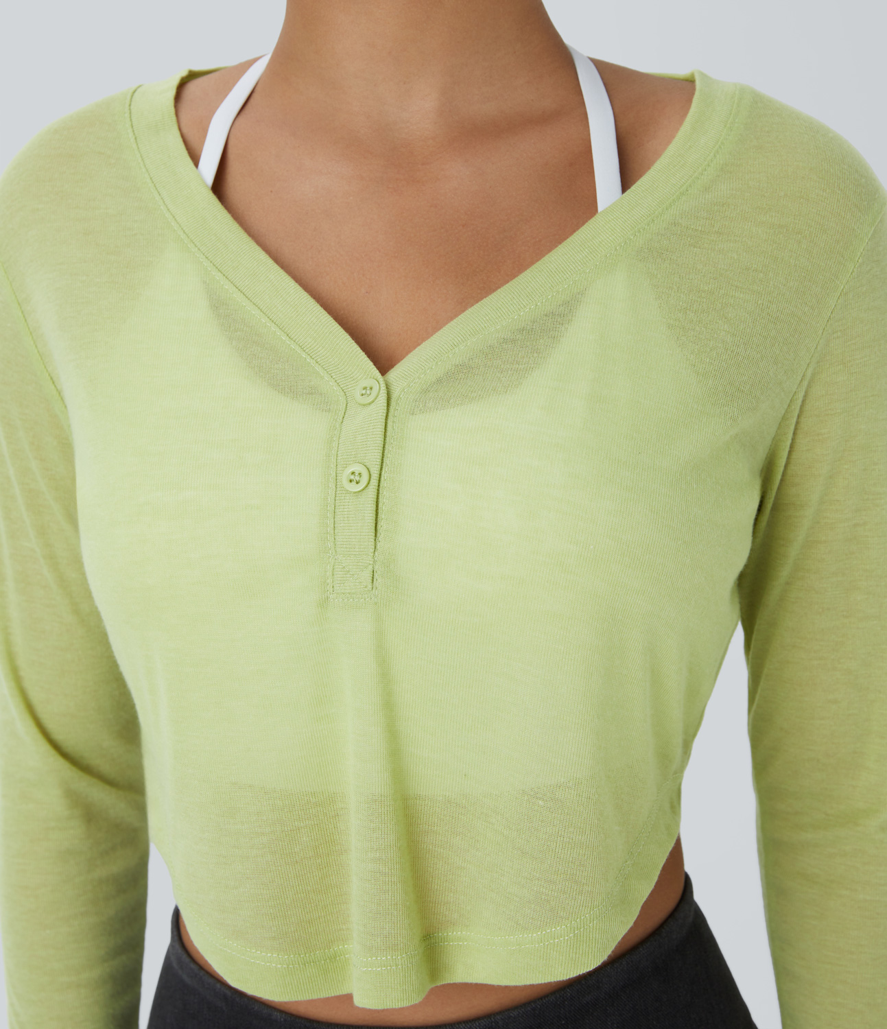 Halara V Neck Button Long Sleeve Curved Hem Cropped Casual Sports Top  - Reed - L 