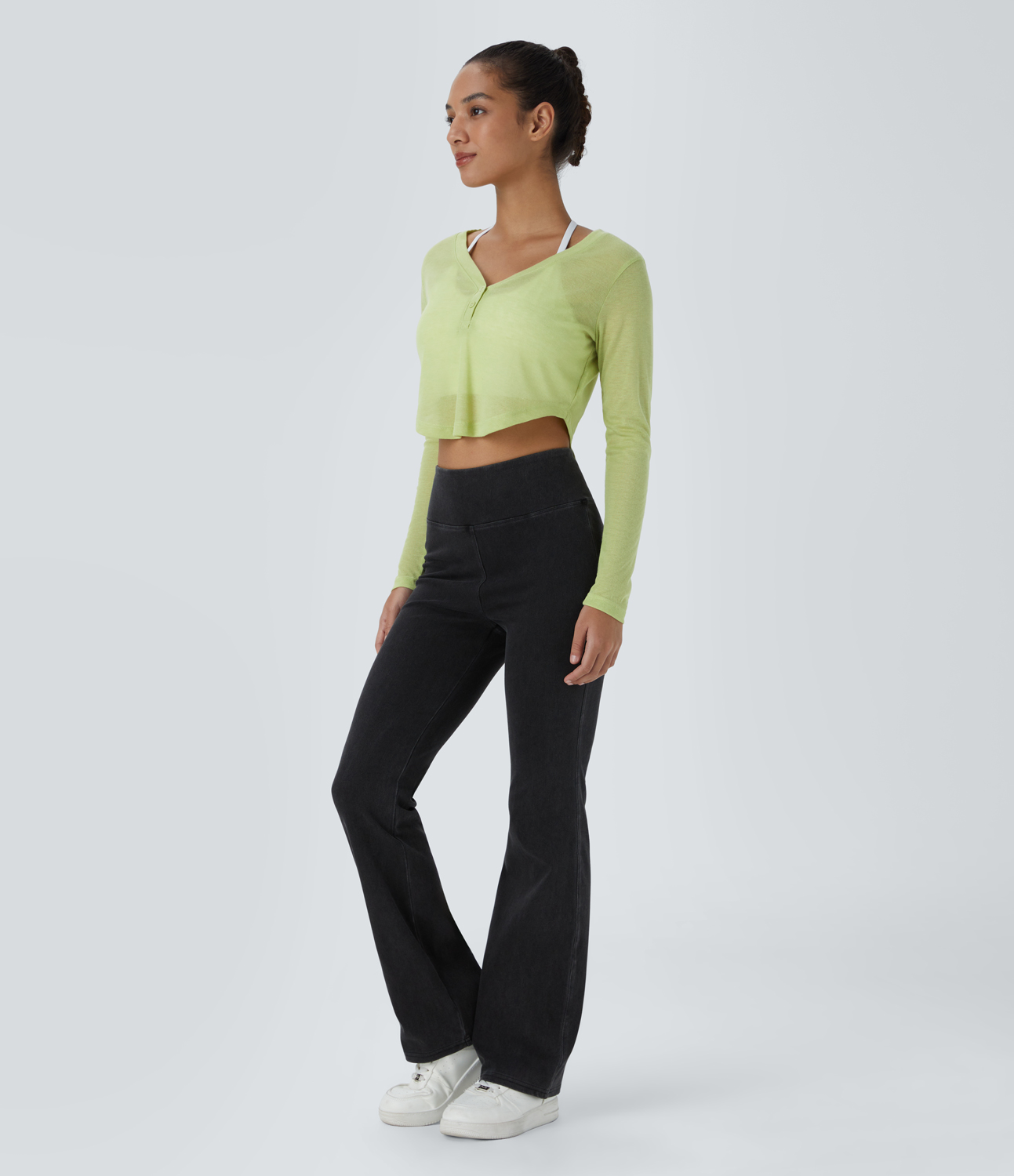 Halara V Neck Button Long Sleeve Curved Hem Cropped Casual Sports Top  - Reed - L 