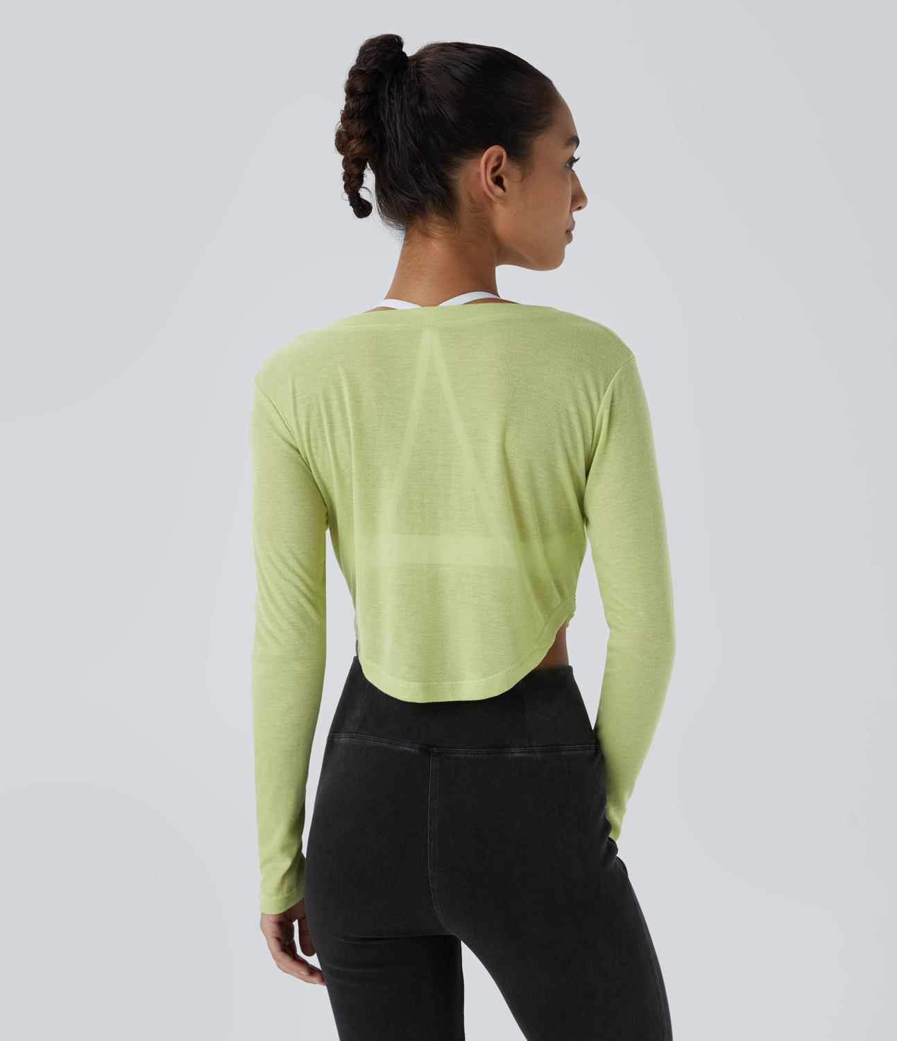 Halara V Neck Button Long Sleeve Curved Hem Cropped Casual Sports Top  - Reed - L 