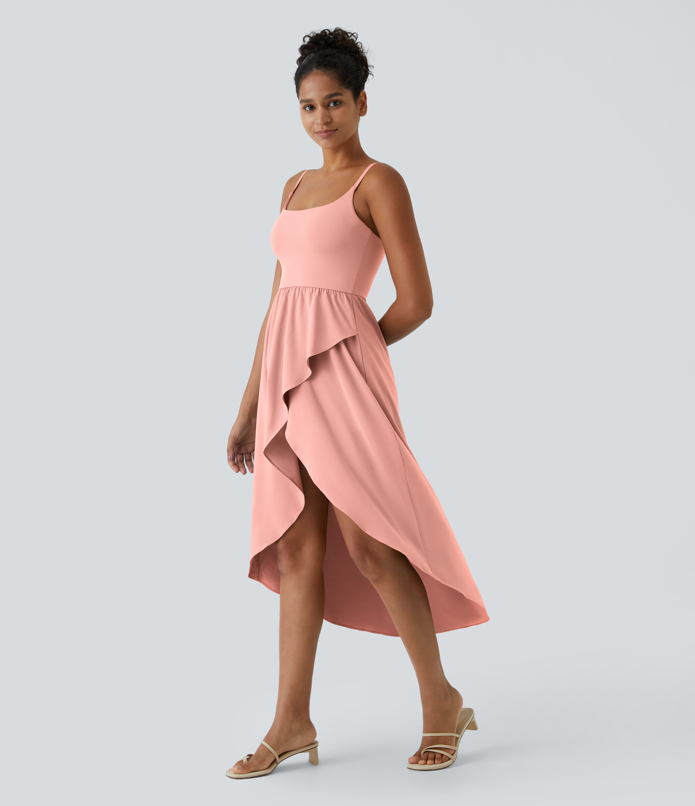 Halara Breezefulв„ў Backless Asymmetric Crossover Hem 2-Piece Side Pocket Flowy Midi Quick Dry Casual Dress Casual Dress - Peach Melba - M 