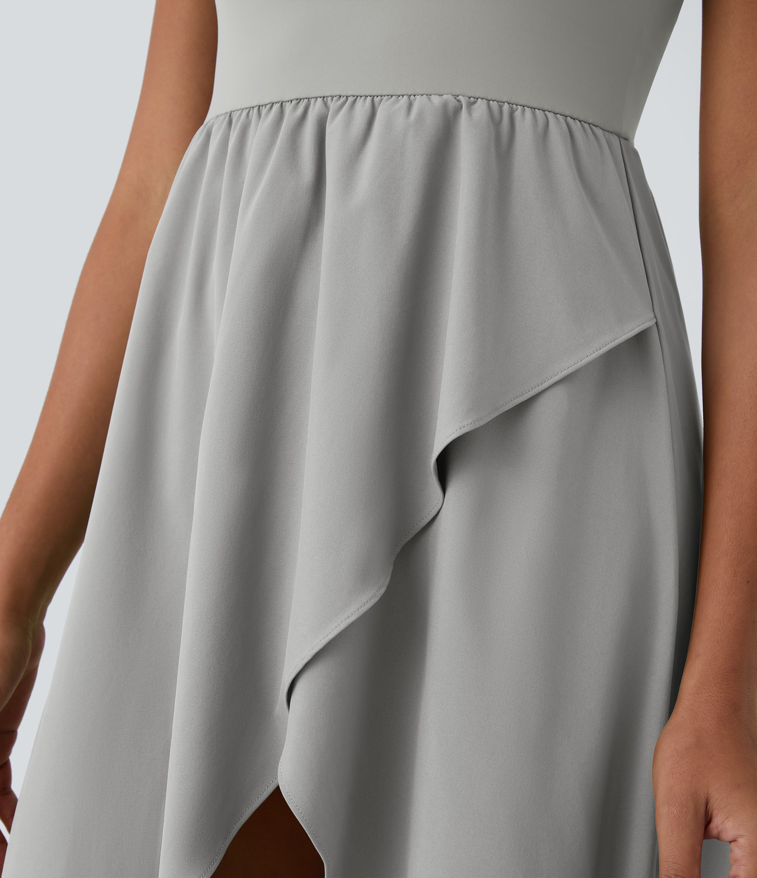 Halara Breezefulв„ў Backless Asymmetric Crossover Hem 2-Piece Side Pocket Flowy Midi Quick Dry Casual Dress Casual Dress - Greenish Grey - M 