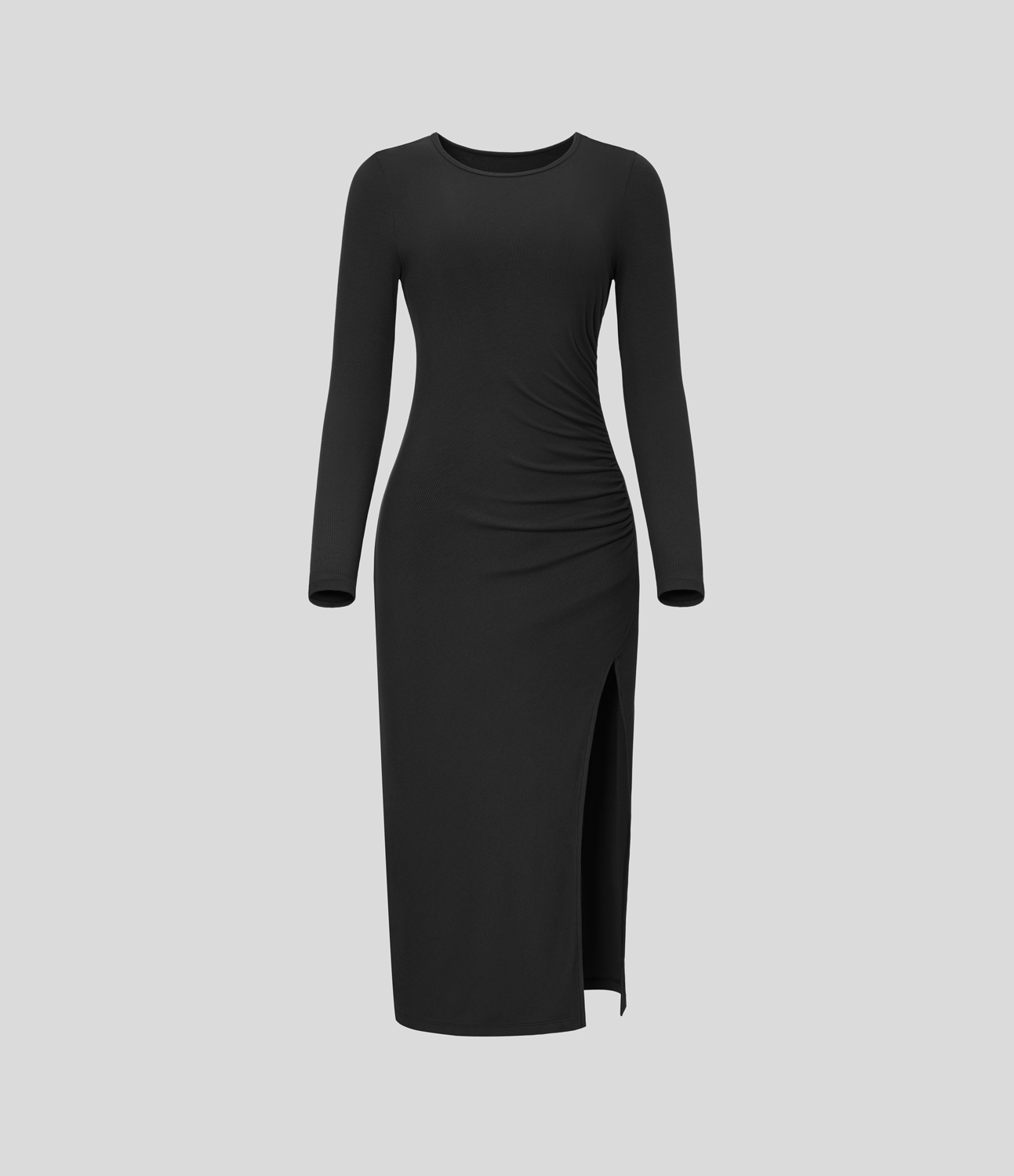 

Halara Ribbed Knit Round Neck Long Sleeve Ruched Split Solid Midi Casual Dress Casual Dress - Black -  slip dress beach dress ruched dress