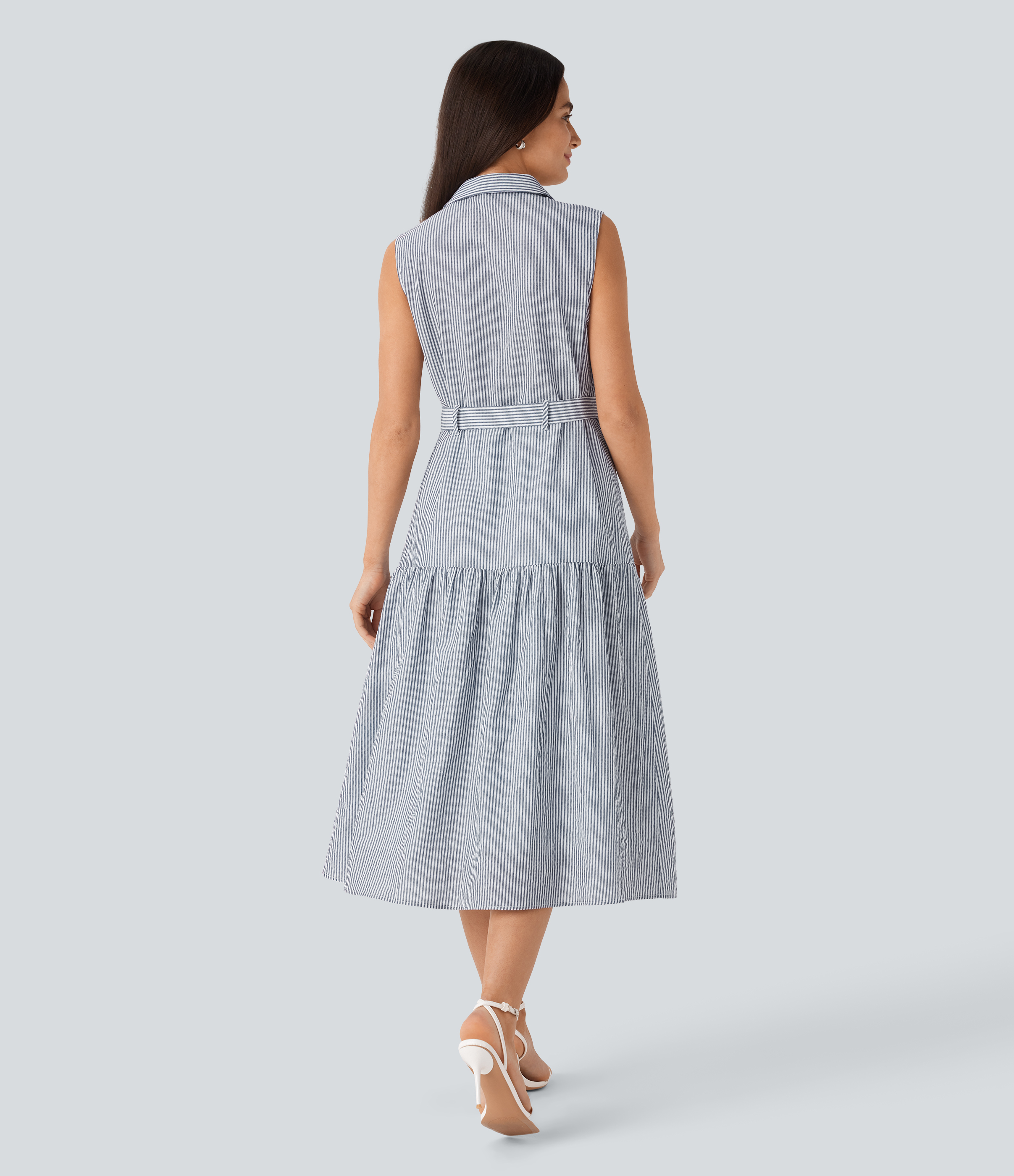 Halara Collared V Neck Sleeveless Button Belted Stripe Midi Work Dress Casual Dress - Azure White Stripe - S slip dress beach dress 