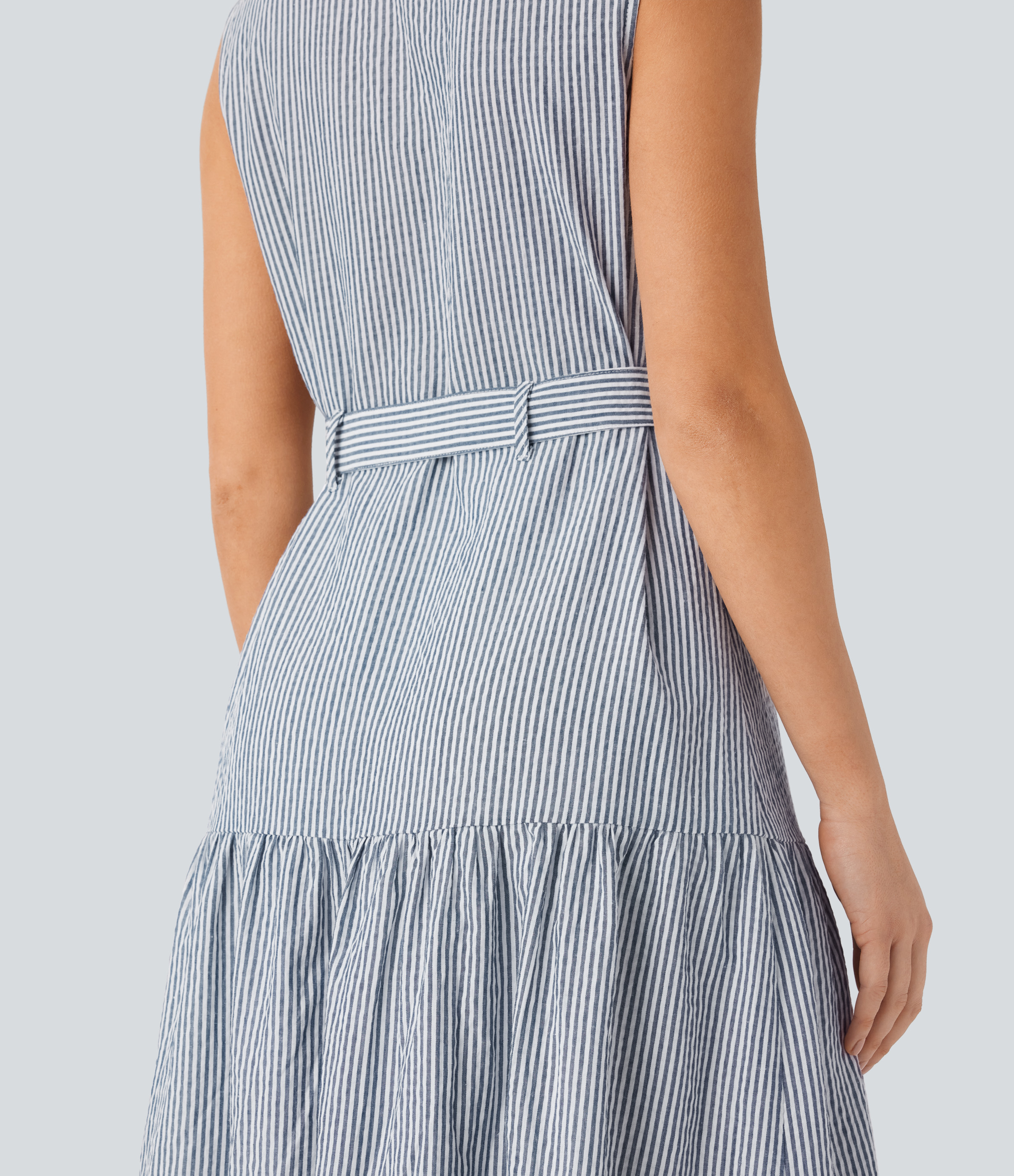 Halara Collared V Neck Sleeveless Button Belted Stripe Midi Work Dress Casual Dress - Azure White Stripe - S slip dress beach dress 