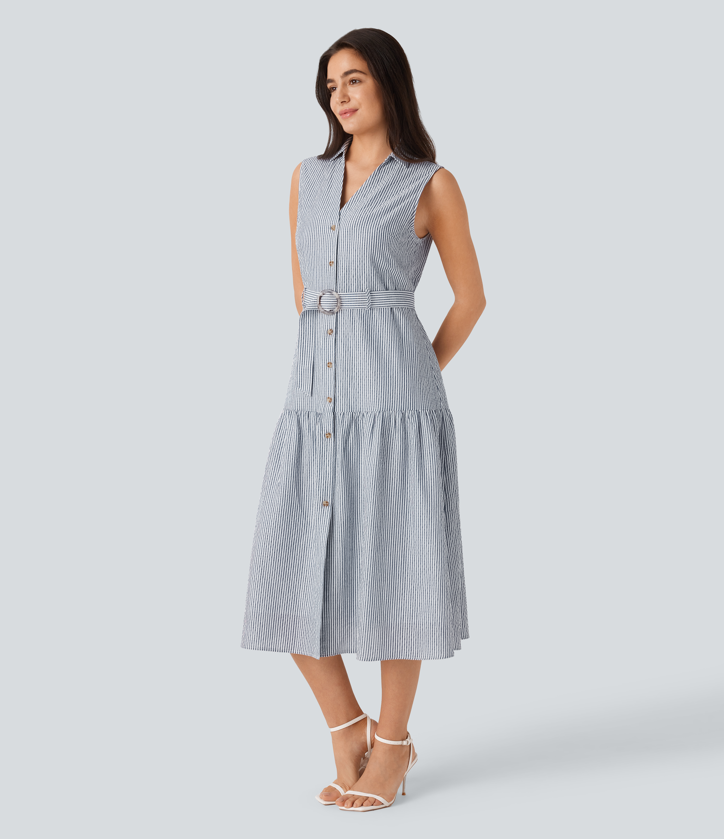 Halara Collared V Neck Sleeveless Button Belted Stripe Midi Work Dress Casual Dress - Azure White Stripe - S slip dress beach dress 