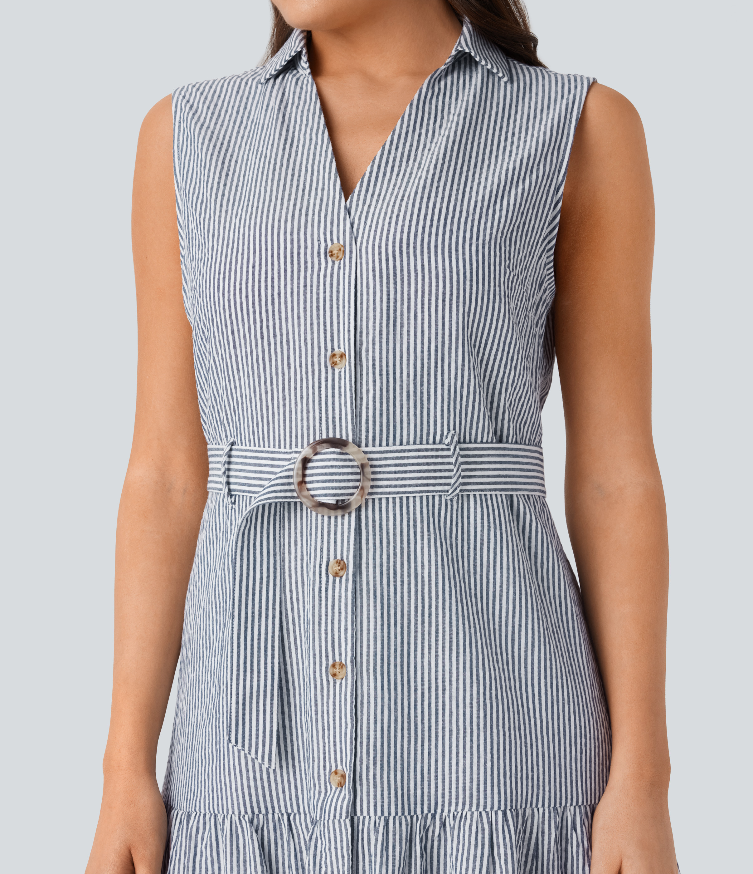 Halara Collared V Neck Sleeveless Button Belted Stripe Midi Work Dress Casual Dress - Azure White Stripe - S slip dress beach dress 