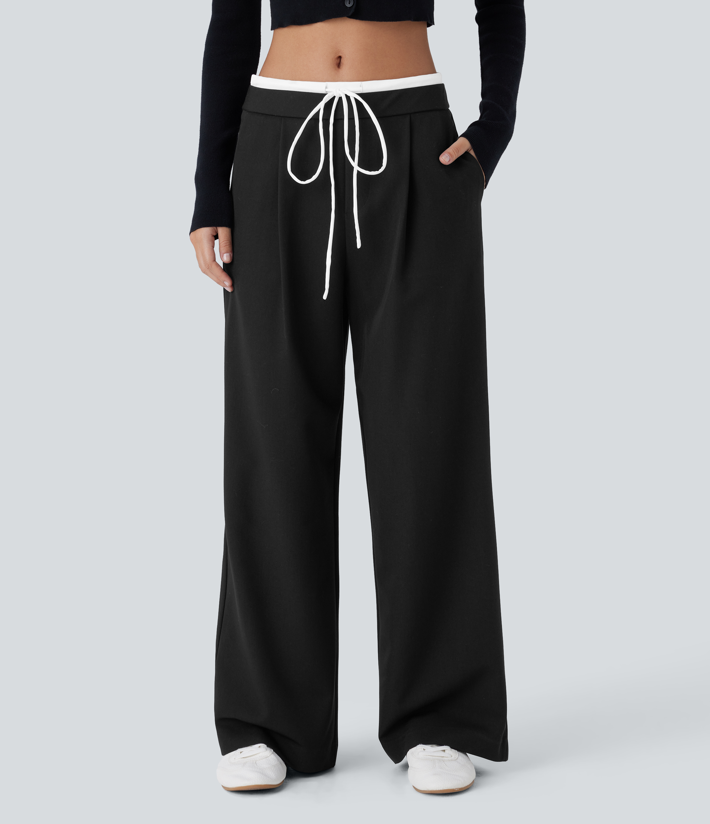 Halara Double-Layer Color Block Low Rise Drawstring Invisible Zipper Side Pocket Wide Leg Casual Pants  - Black - L(regular) sweatpants 