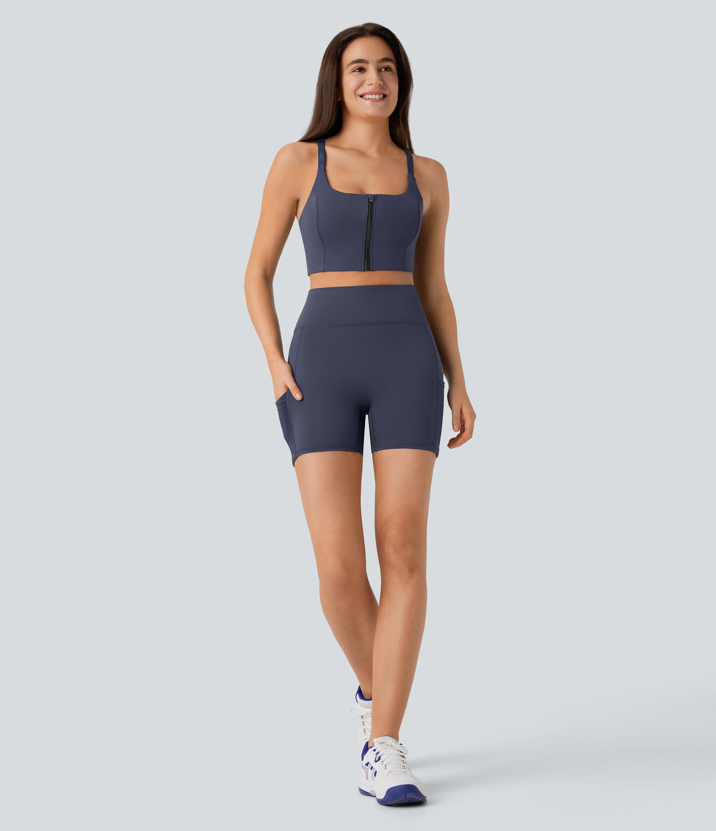 Halara High Waisted Multiple Pockets Contrast Mesh Yoga Biker Shorts 5``  - Midnight Blue - M biker shorts women black biker shorts 