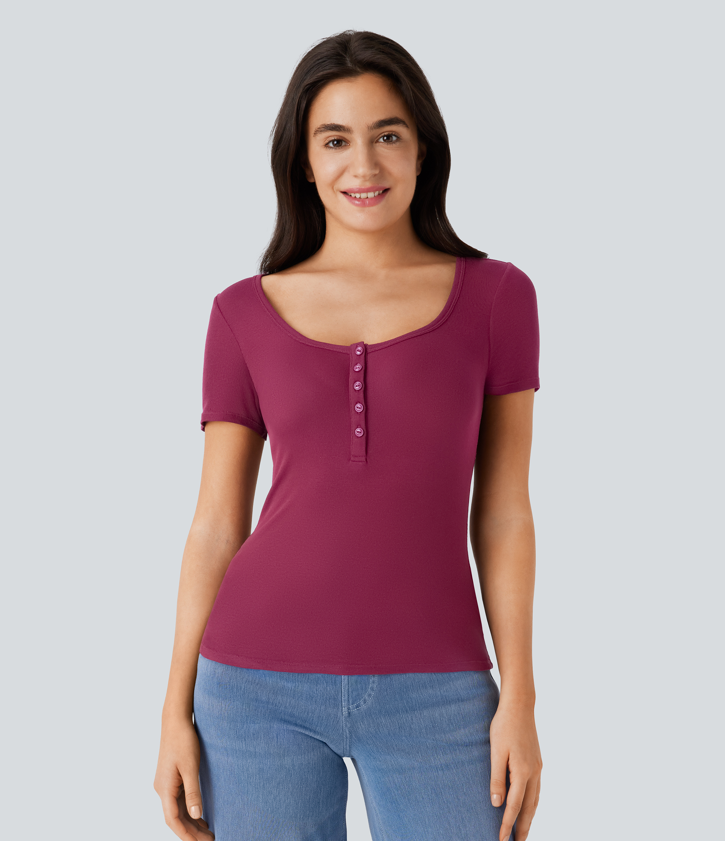 Halara Ribbed Henley Neck Short Sleeve Slim Casual Top Tank Top - Maroon Banner - S golf tops halter top tunic tops sleeveless tops 