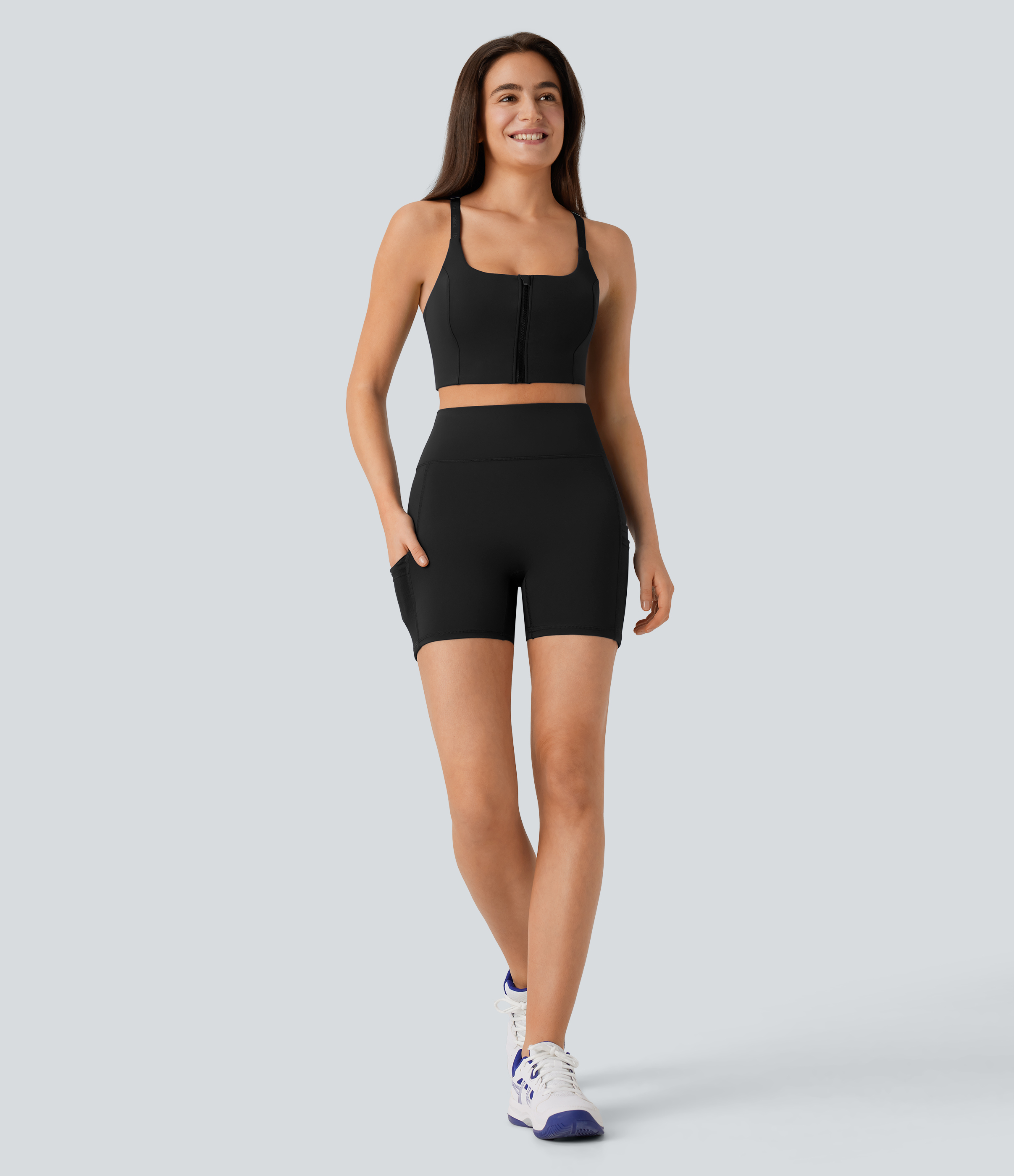 Halara High Waisted Multiple Pockets Contrast Mesh Yoga Biker Shorts 5``  - Black - M biker shorts women black biker shorts 