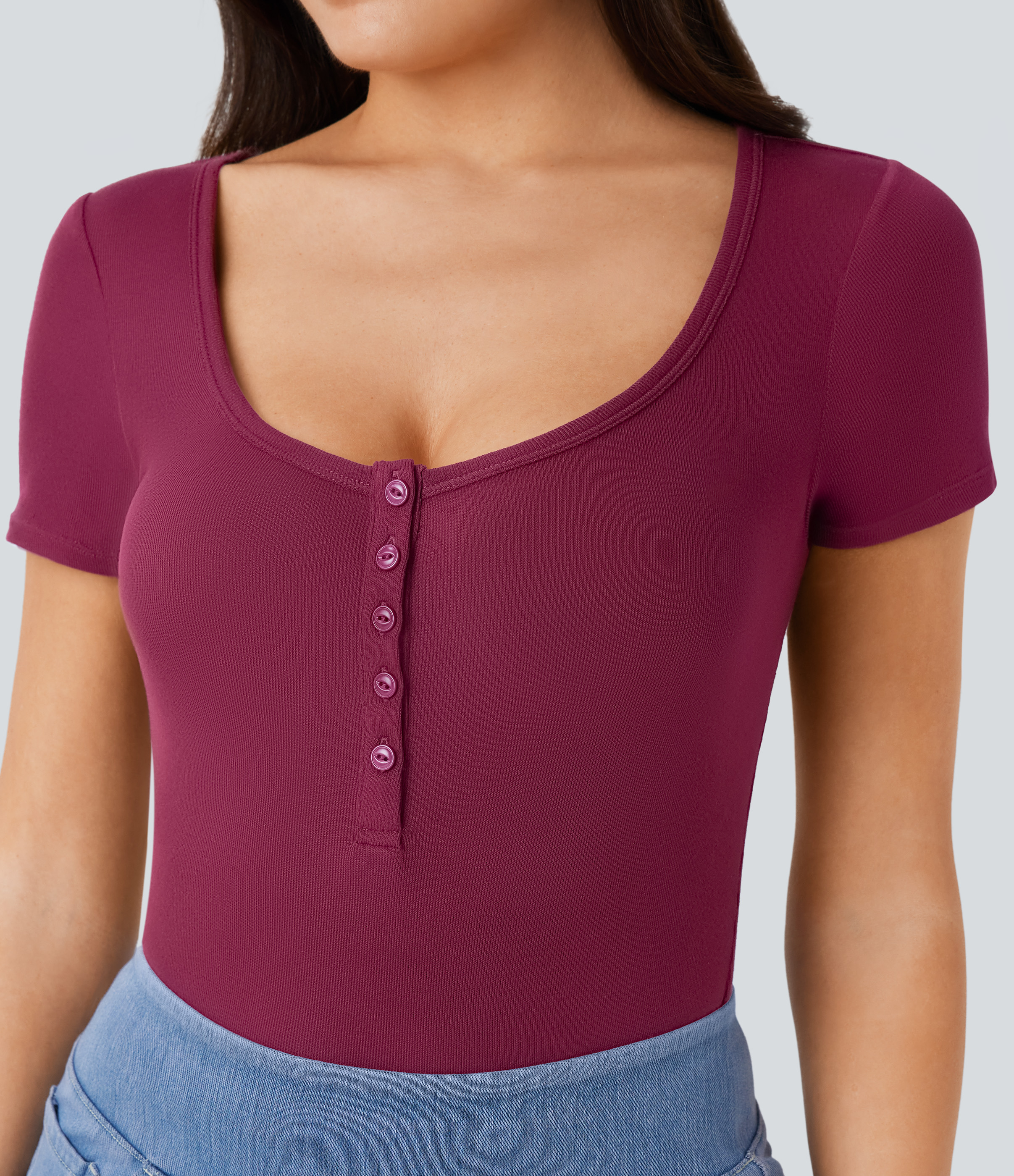 Halara Ribbed Henley Neck Short Sleeve Slim Casual Top Tank Top - Maroon Banner - S golf tops halter top tunic tops sleeveless tops 