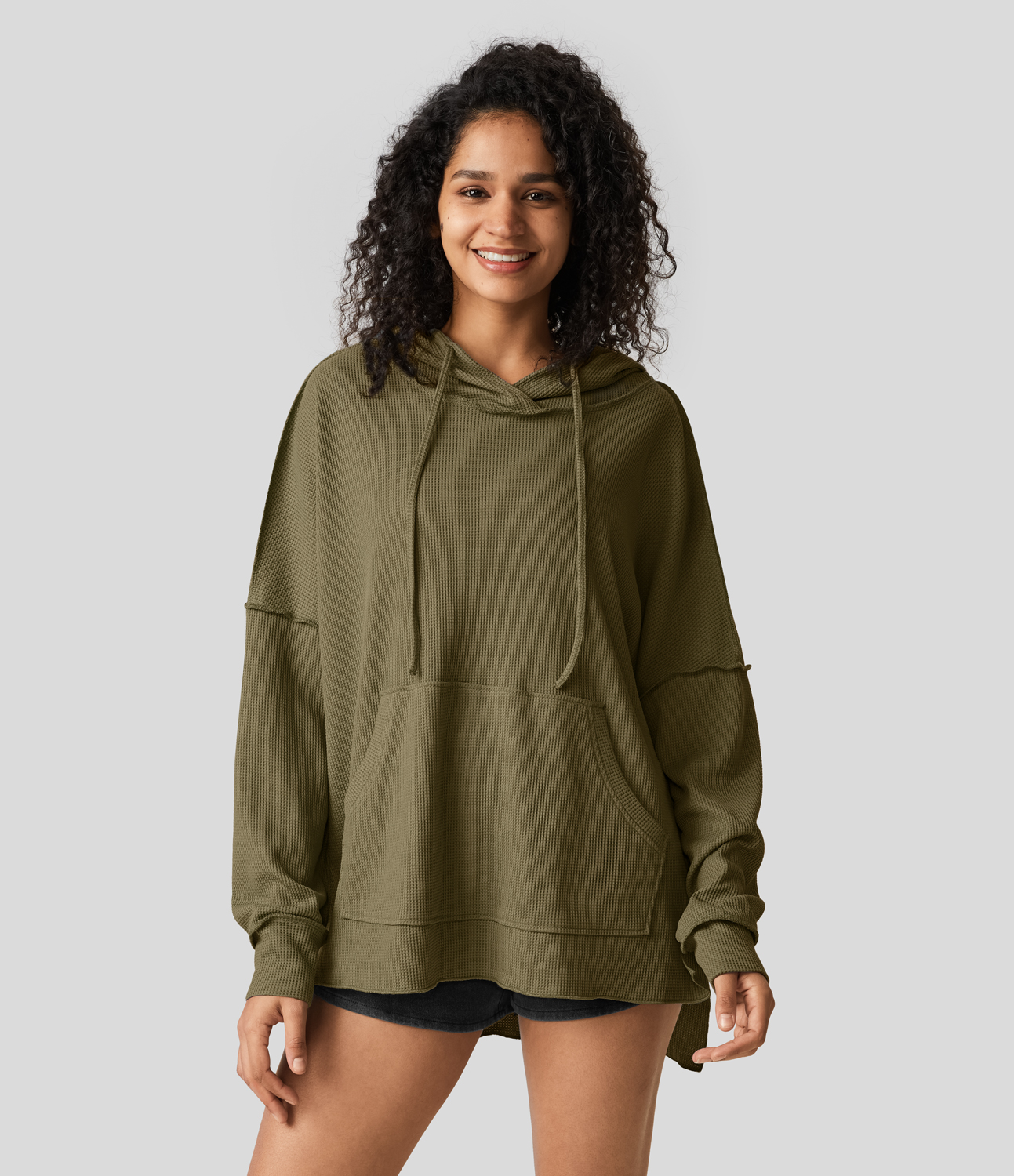 Halara Hooded Drawstring Kangaroo Pocket Split Hem High Low Oversize Casual Waffle Sweatshirt  - Kalamata - XS 