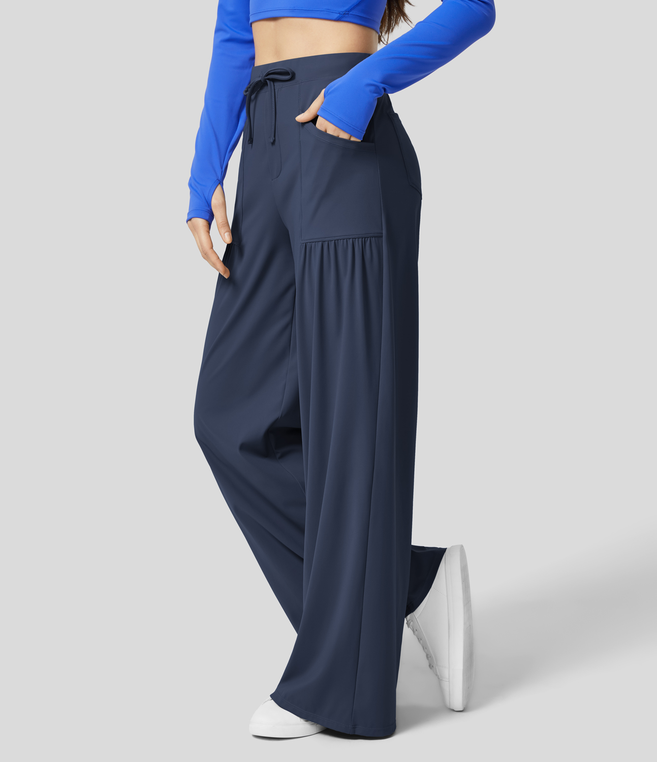 Halara High Waisted Drawstring Multiple Pockets Plicated Wide Leg Yoga Pants  - Mood Indigo - M(regular) 