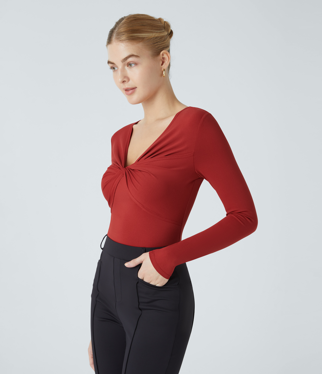 Halara V Neck Twisted Long Sleeve Work Top Tank Top - Emboldened - L golf tops halter top tunic tops sleeveless tops backless top 