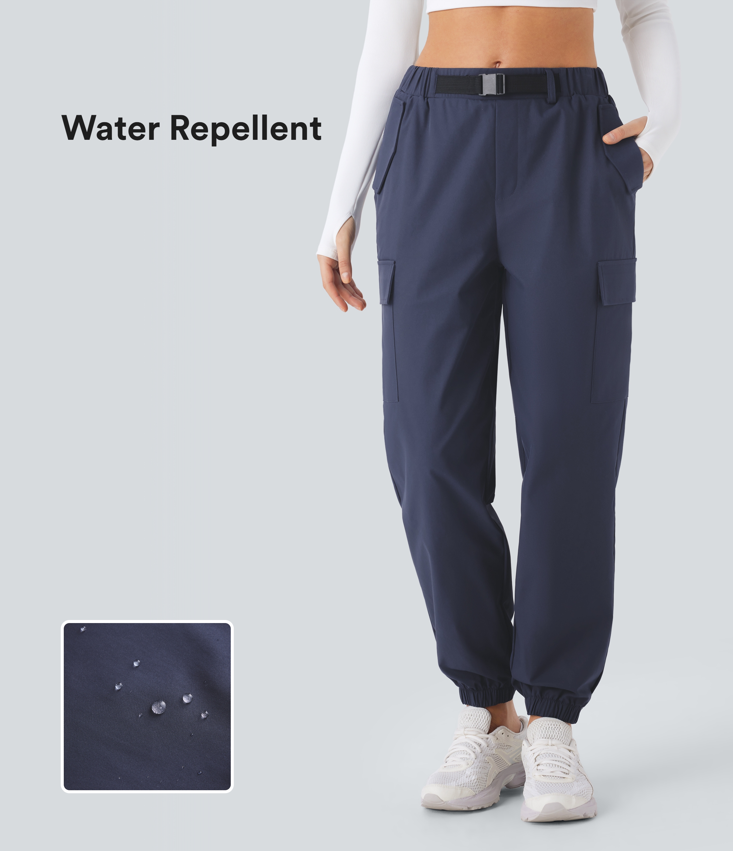Halara Water Repellent Wear-Resistant Mid Rise Belted Multiple Pockets Hiking Cargo Joggers  - Polar Night - XL(regular) 