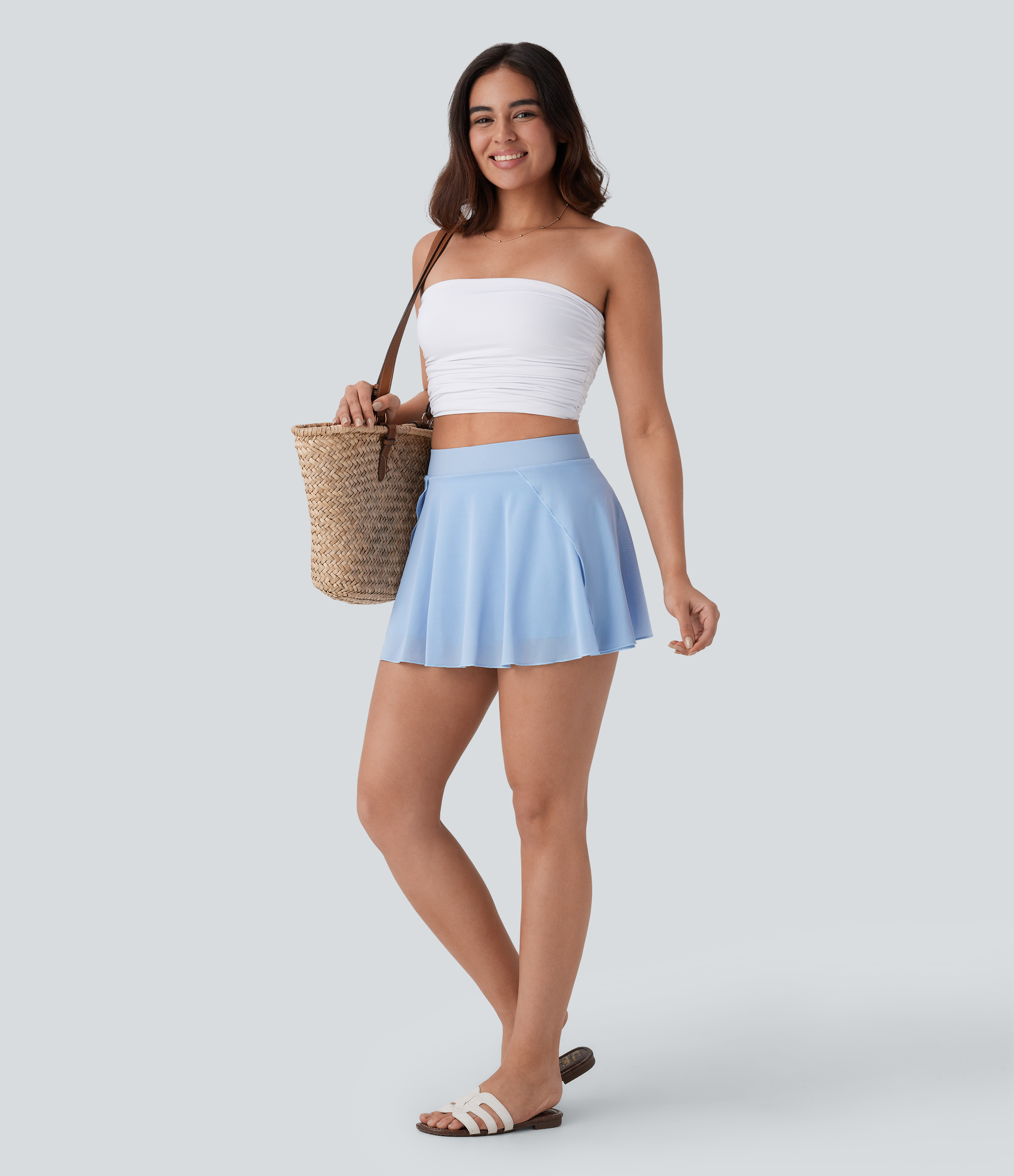 Halara High Waisted 2-in-1 Side Pocket Contrast Mesh Micro Mini Resort Skirt  - Ballad Blue - L(regular) 