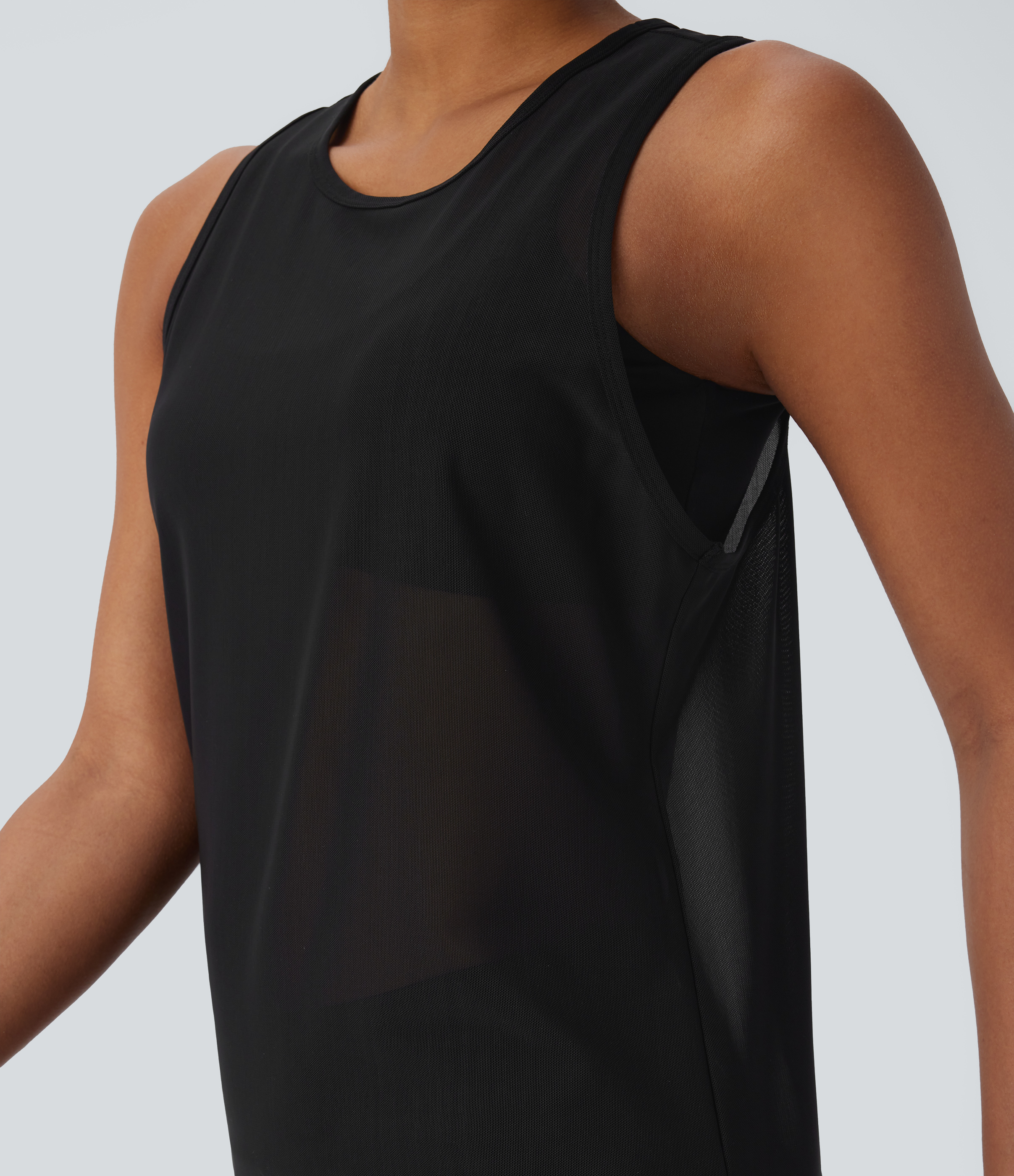 Halara Sheer Round Neck Mesh Longline Running Tank Top Tank Top - Black - XL golf tops halter top tunic tops sleeveless tops backless top 