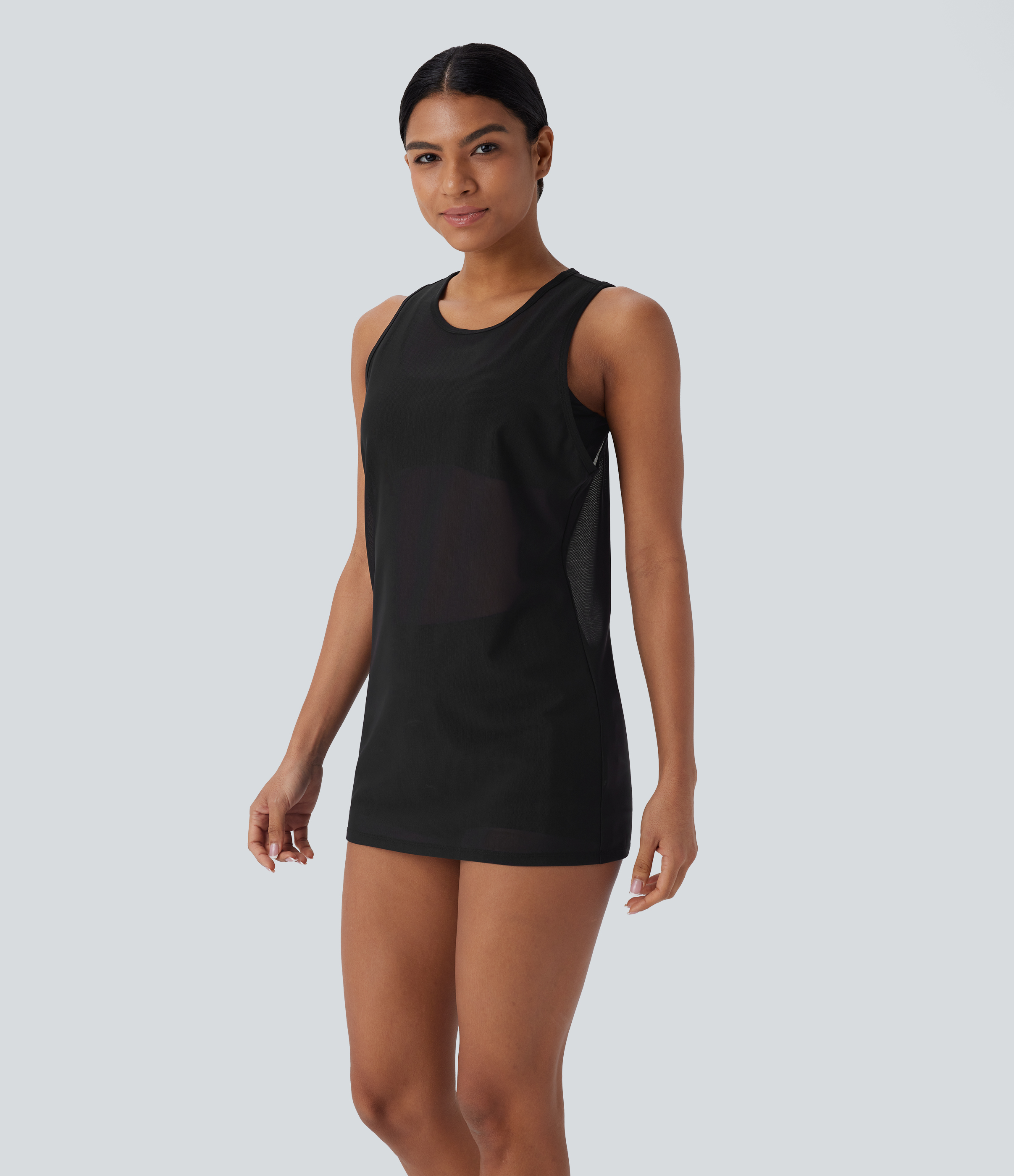 Halara Sheer Round Neck Mesh Longline Running Tank Top Tank Top - Black - XL golf tops halter top tunic tops sleeveless tops backless top 