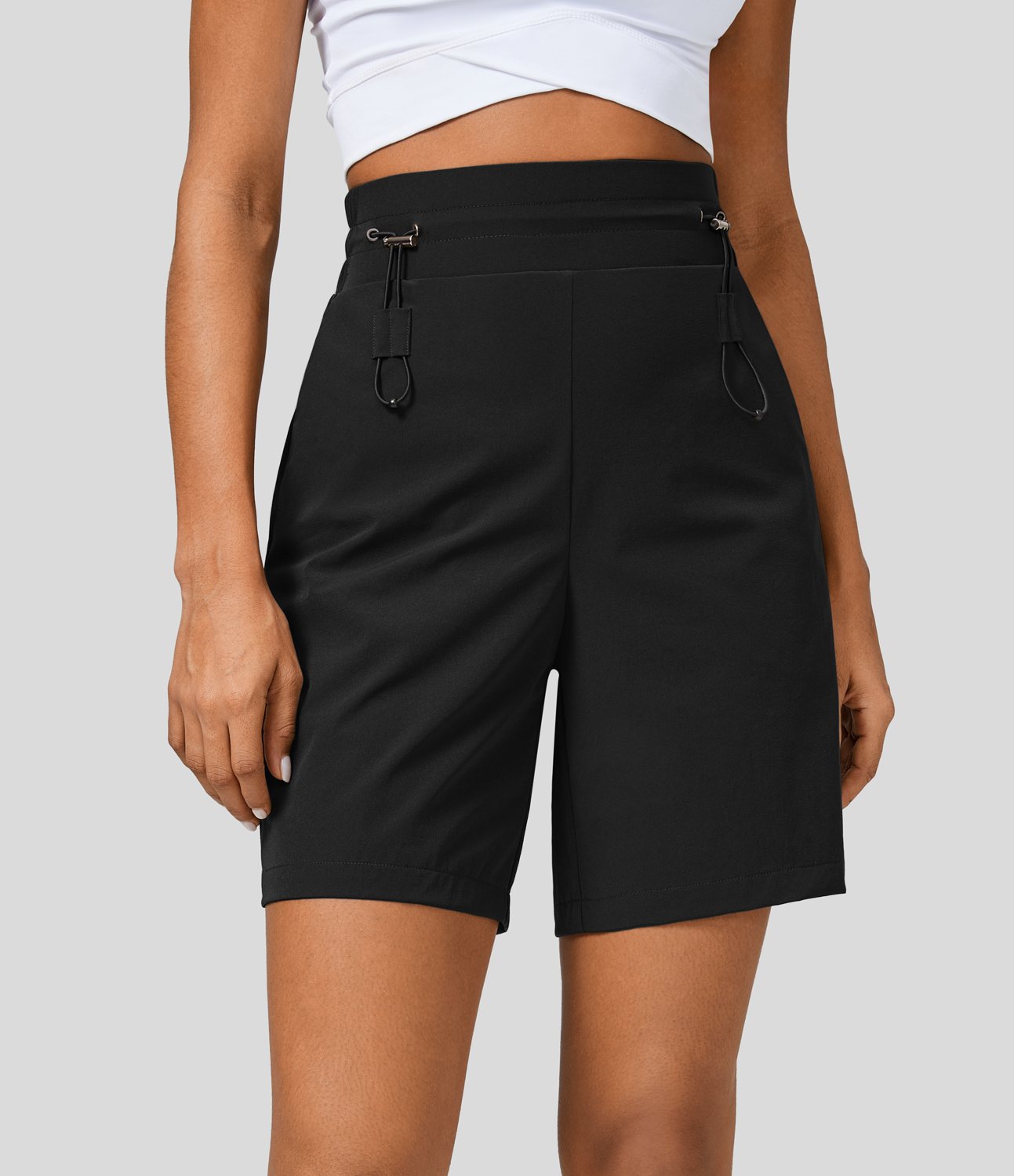Halara High Waisted Adjustable Drawcord Multiple Pockets Hiking Shorts Gym Short - Black - XL booty shorts compression shorts yoga shorts 