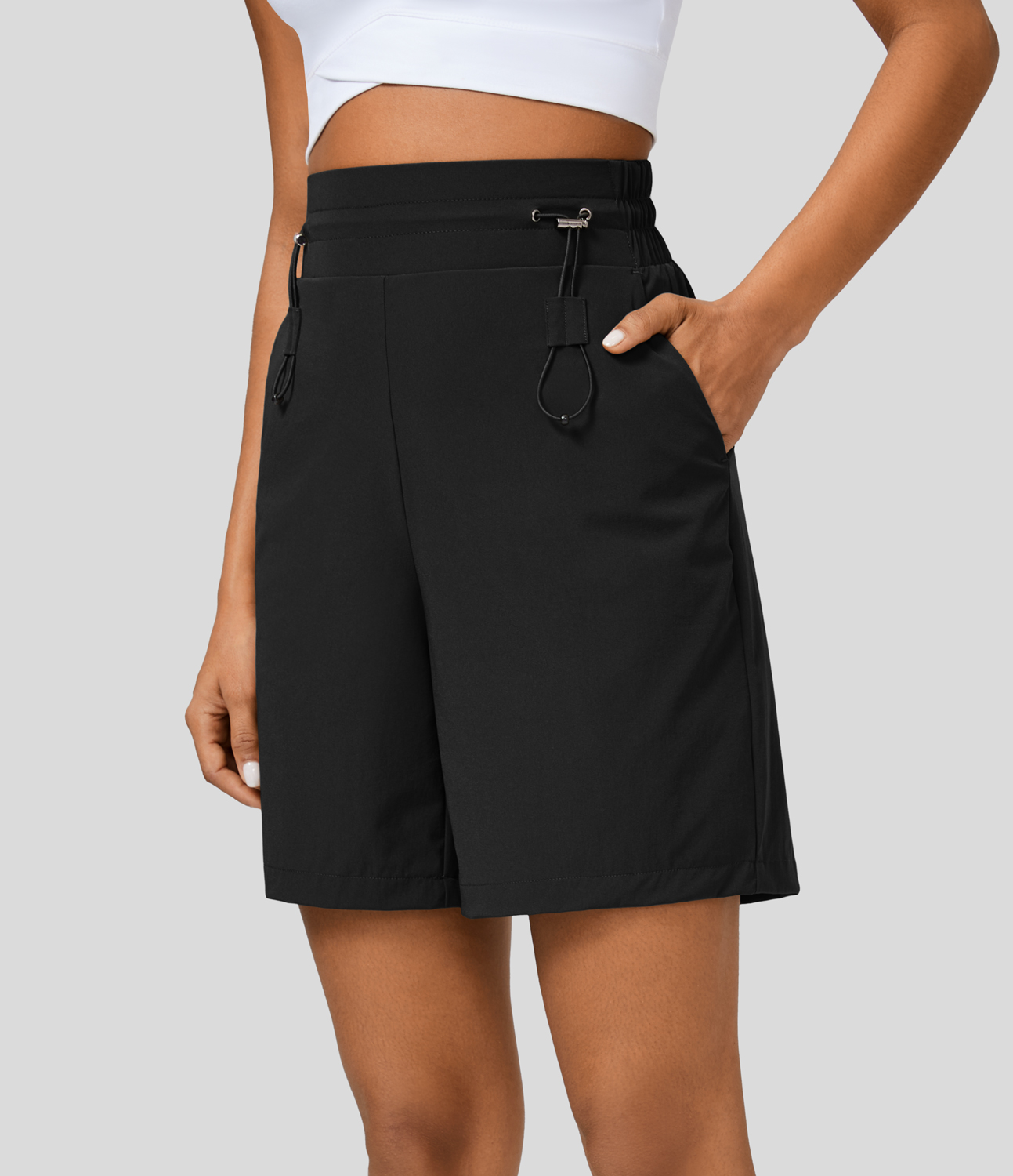 Halara High Waisted Adjustable Drawcord Multiple Pockets Hiking Shorts Gym Short - Black - XL booty shorts compression shorts yoga shorts 
