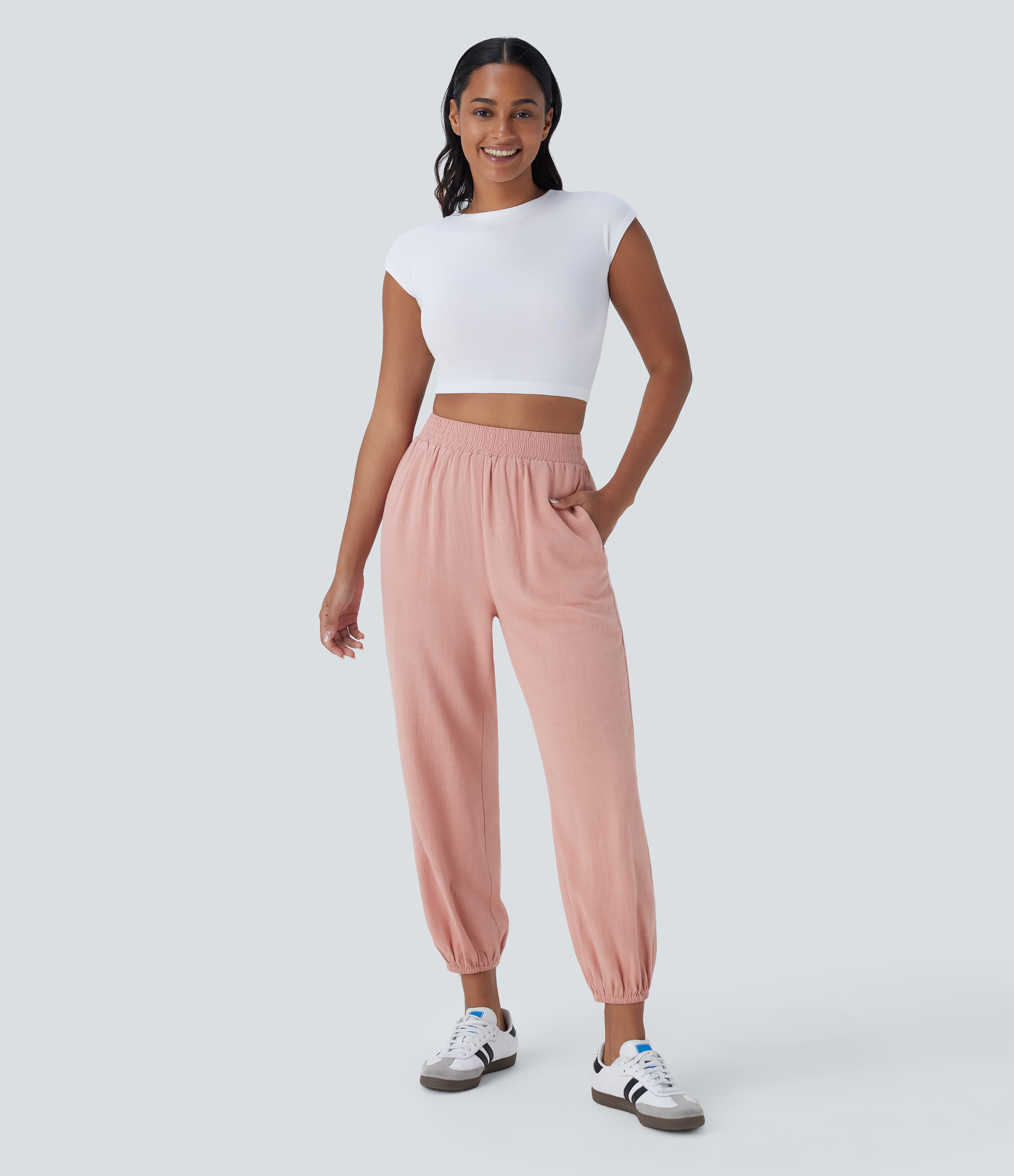 Halara High Waisted Side Pocket Linen-blend Casual Joggers  - Mellow Rose - XS(regular) 