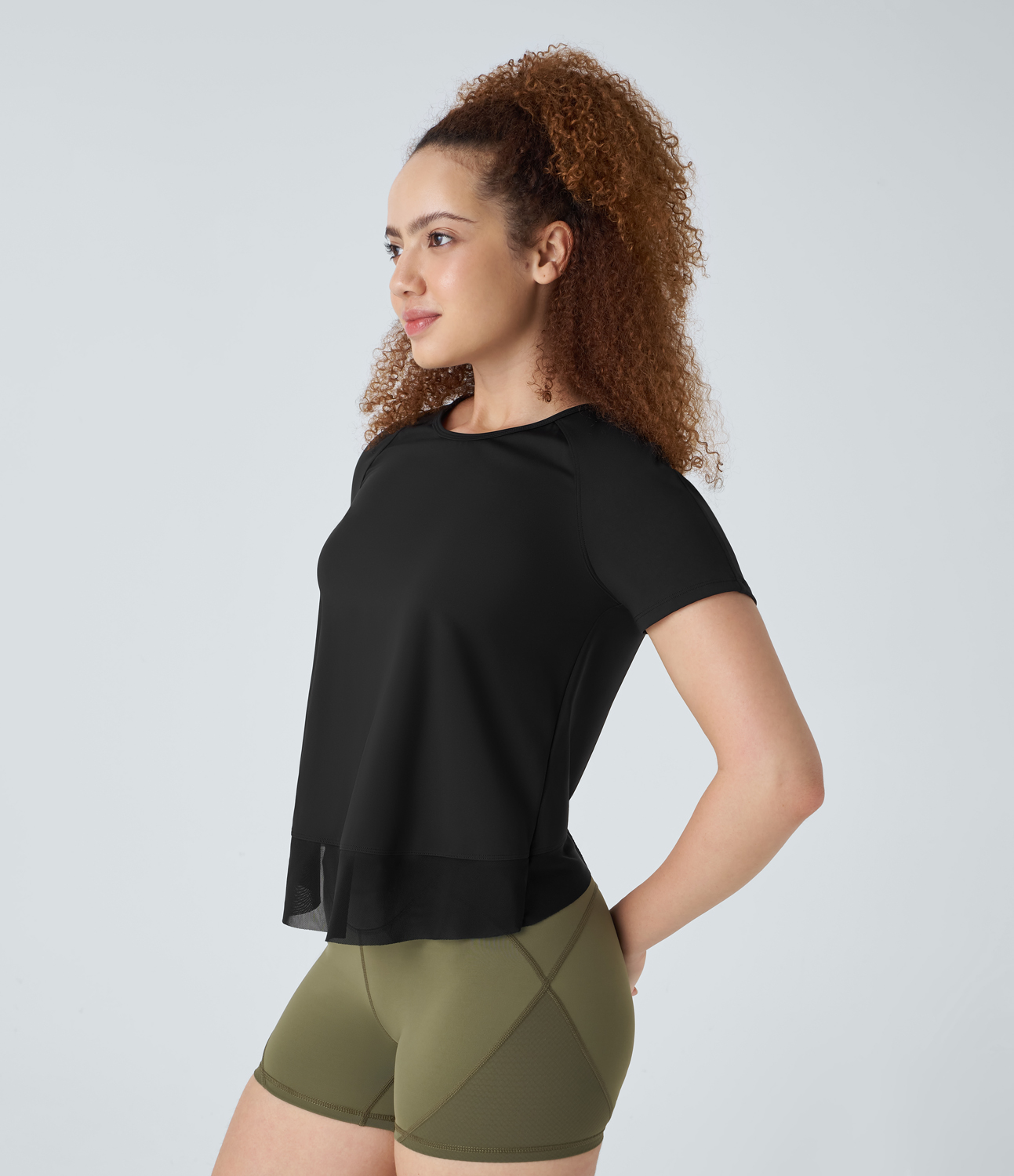Halara Contrast Mesh Crossover Hem Yoga Sports Top  - Black - XS 