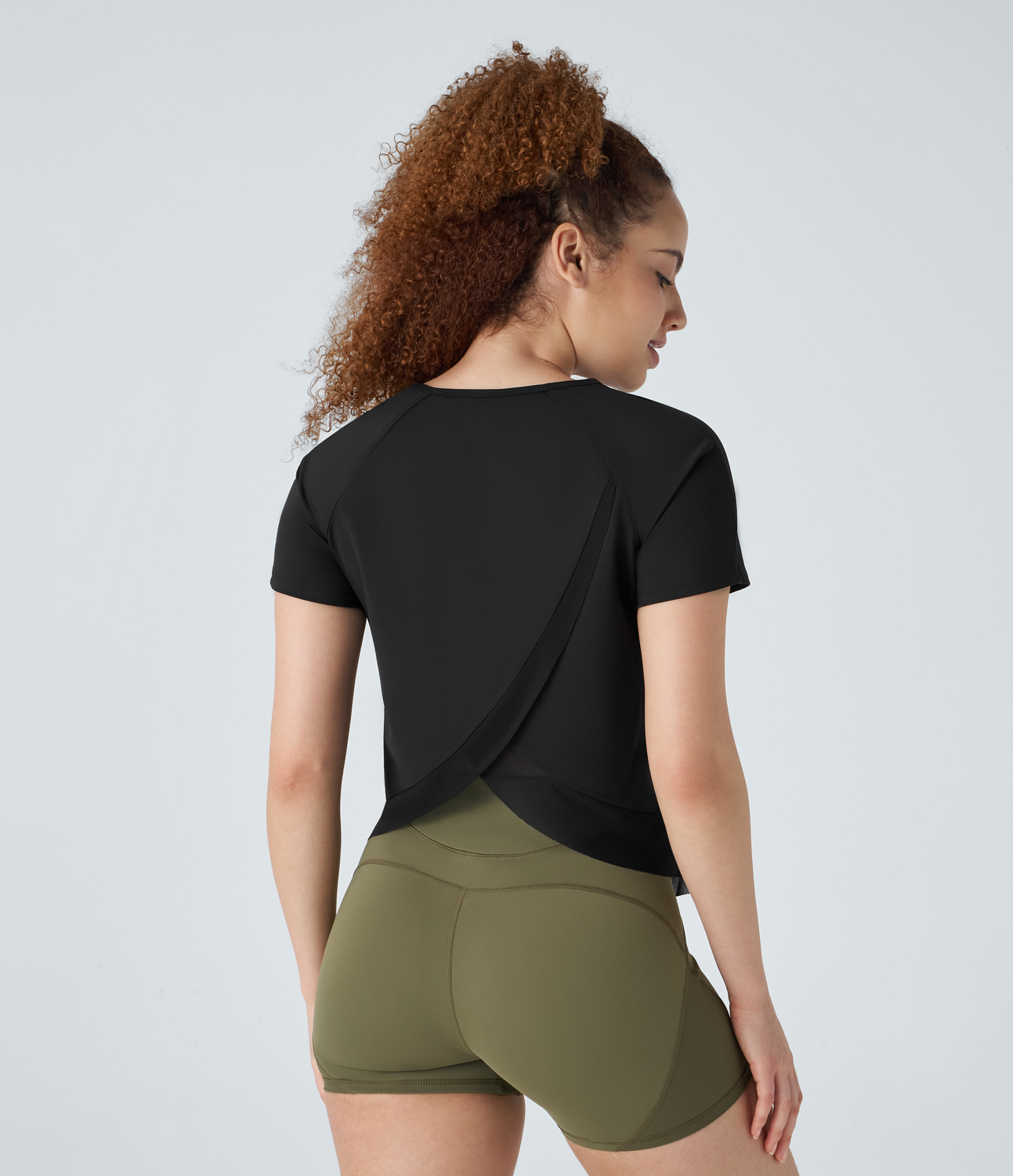 Halara Contrast Mesh Crossover Hem Yoga Sports Top  - Black - XS 