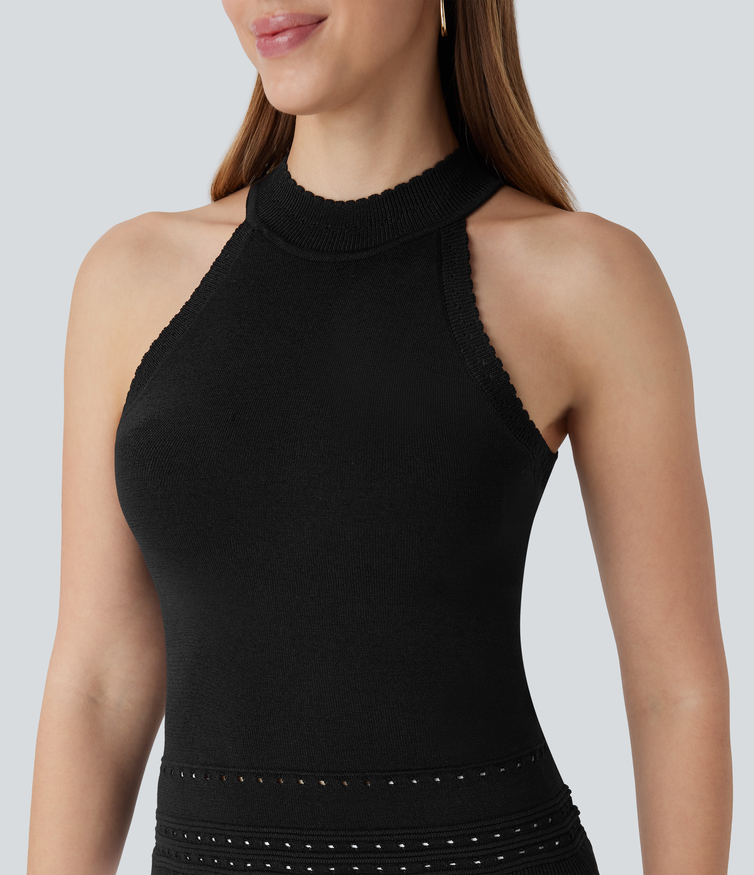 Halara Round Neck Cut Out Resort Sweater Tank  - Black - M 