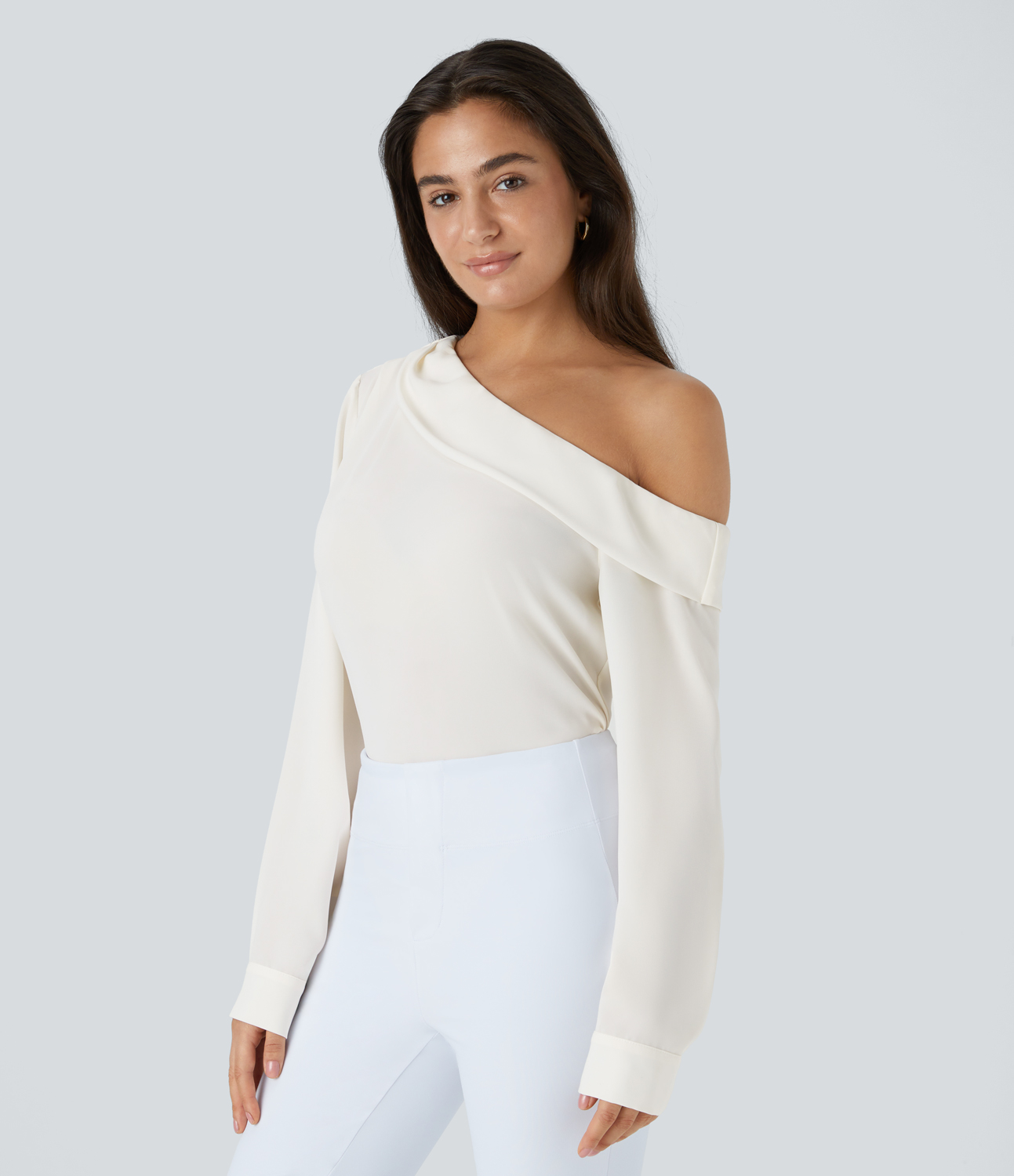 Halara Asymmetric Off Shoulder Long Sleeve Work Top Tank Top - Fish Belly White - L golf tops halter top tunic tops sleeveless tops 