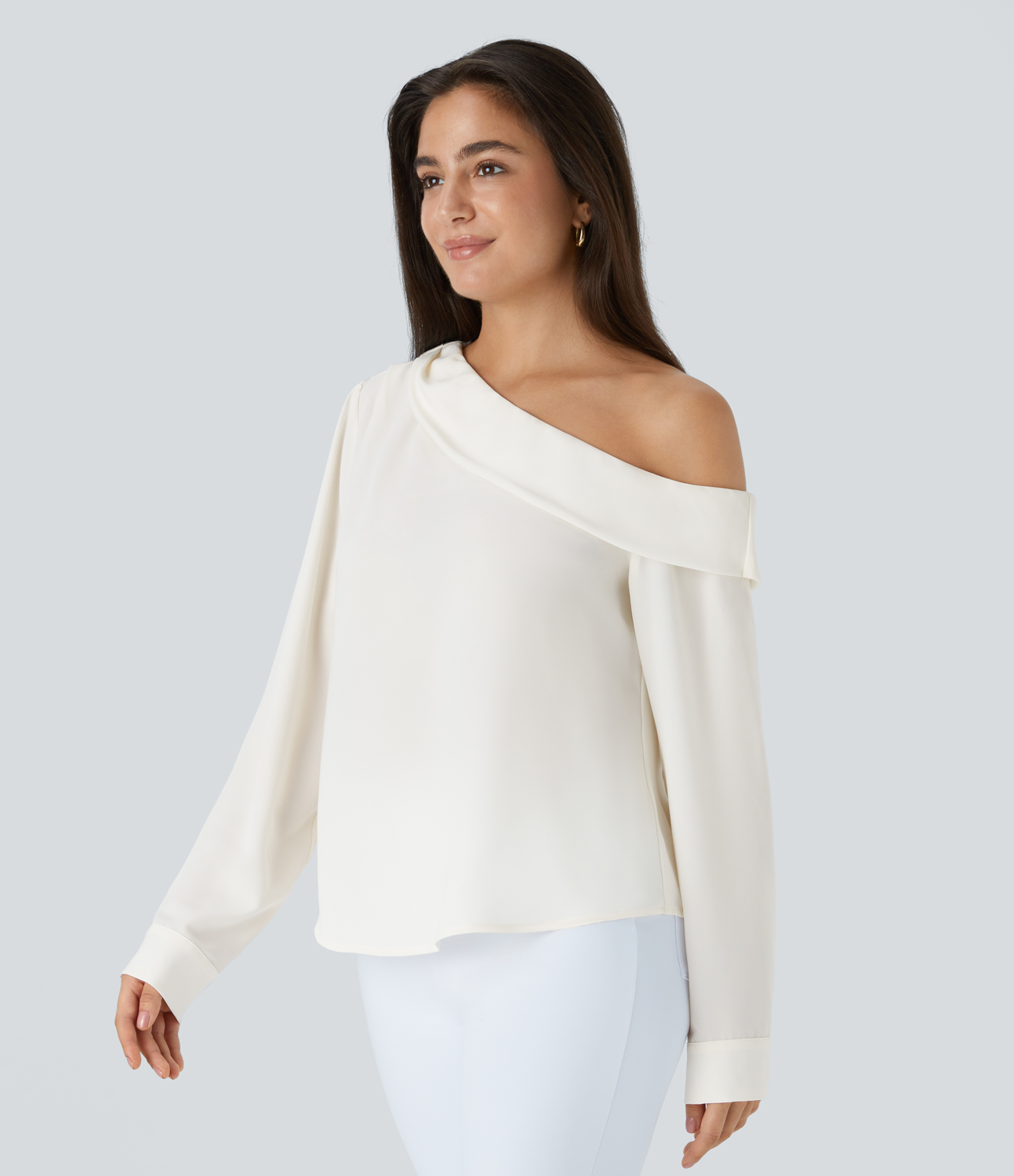 Halara Asymmetric Off Shoulder Long Sleeve Work Top Tank Top - Fish Belly White - L golf tops halter top tunic tops sleeveless tops 