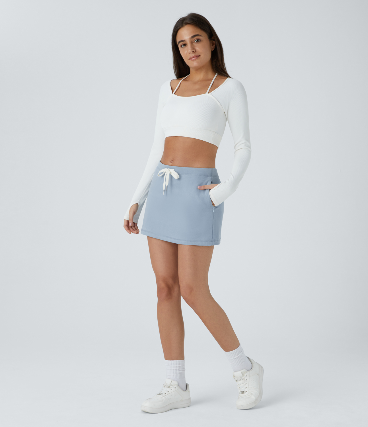 Halara Mid Low Rise Drawstring Side Zip Pocket 2-in-1 Mini Casual Skirt  - Blue Fog - XL(regular) 