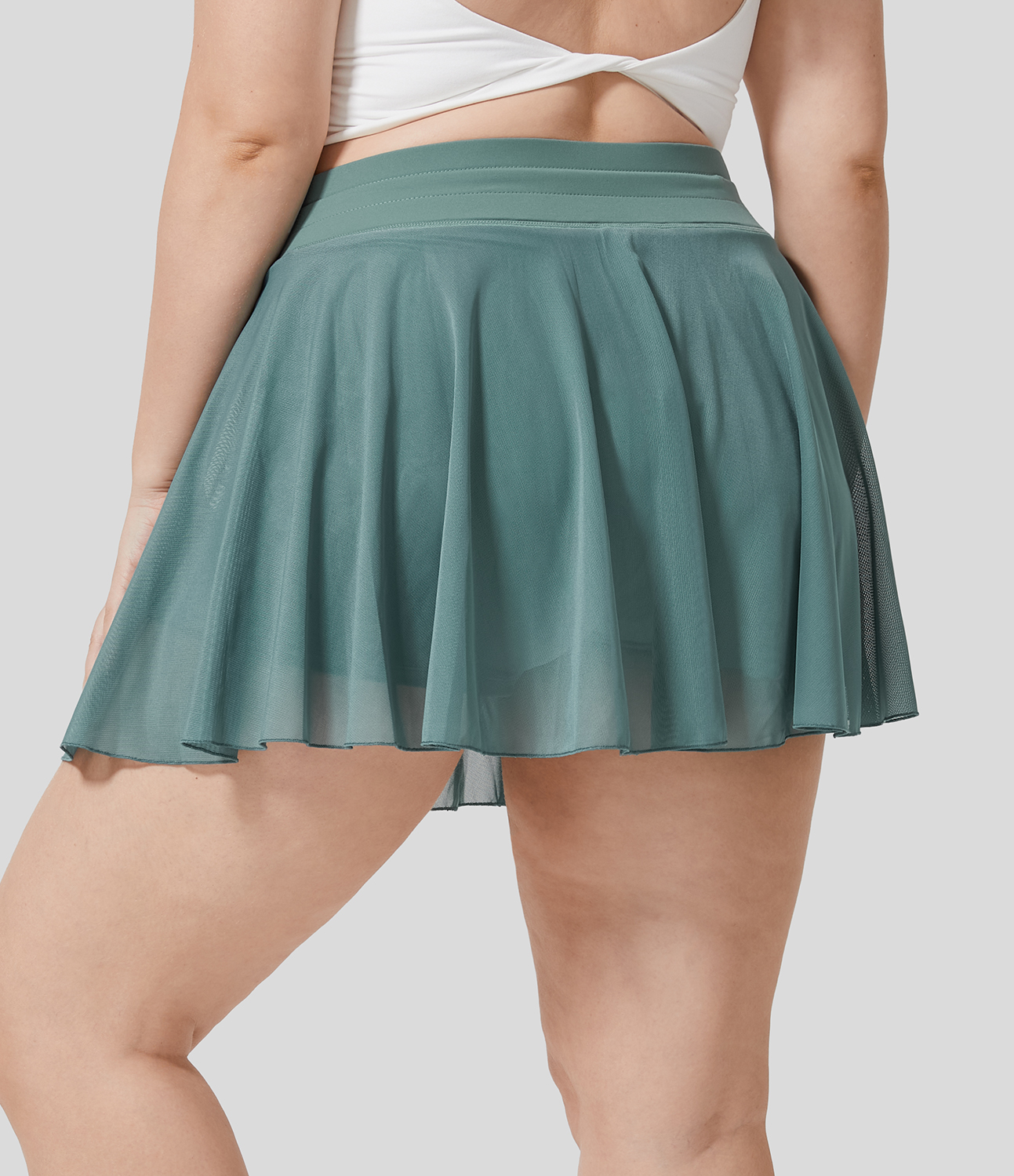 Halara High Waisted Drawstring Contrast Mesh 2-in-1 Side Pocket Flowy Mini Flare Casual Plus Size Skirt  - Dusty Turquoise - 1X 