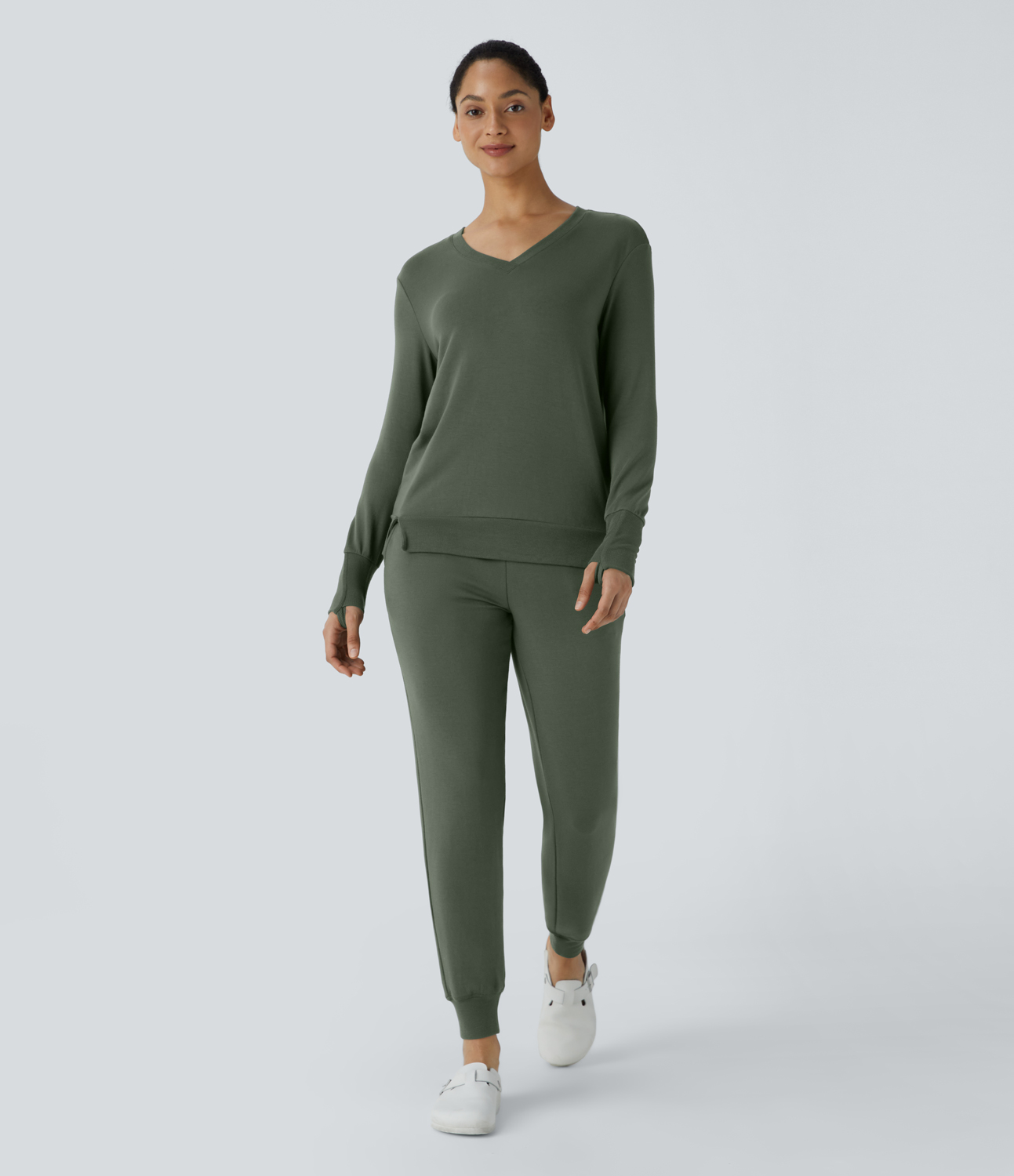 Halara V Neck Thumb Hole Split Ribbed Hem Fleece Lounge Sweatshirt  - Thyme - XL 