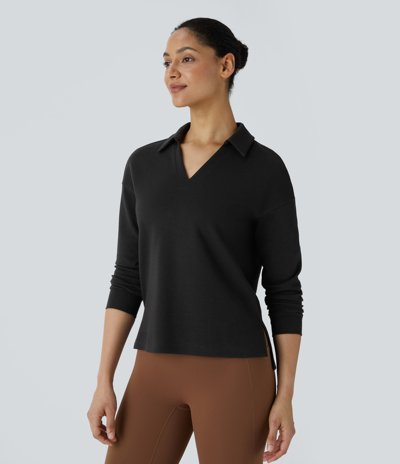 Halara Polo V Neck Long Sleeve High Low Split Hem Yoga Sports Top  - Black - S 