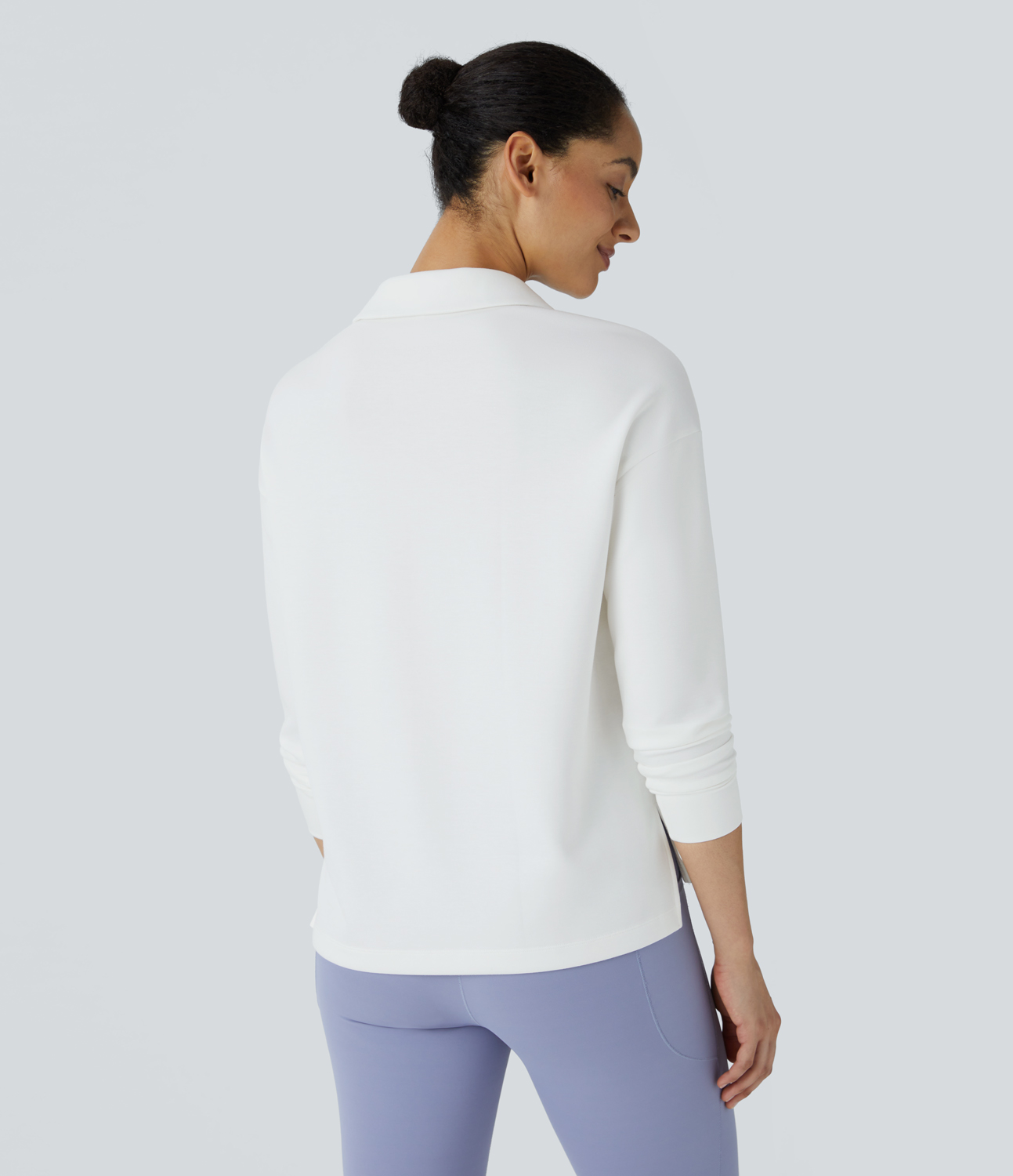 Halara Polo V Neck Long Sleeve High Low Split Hem Yoga Sports Top  - White - S 