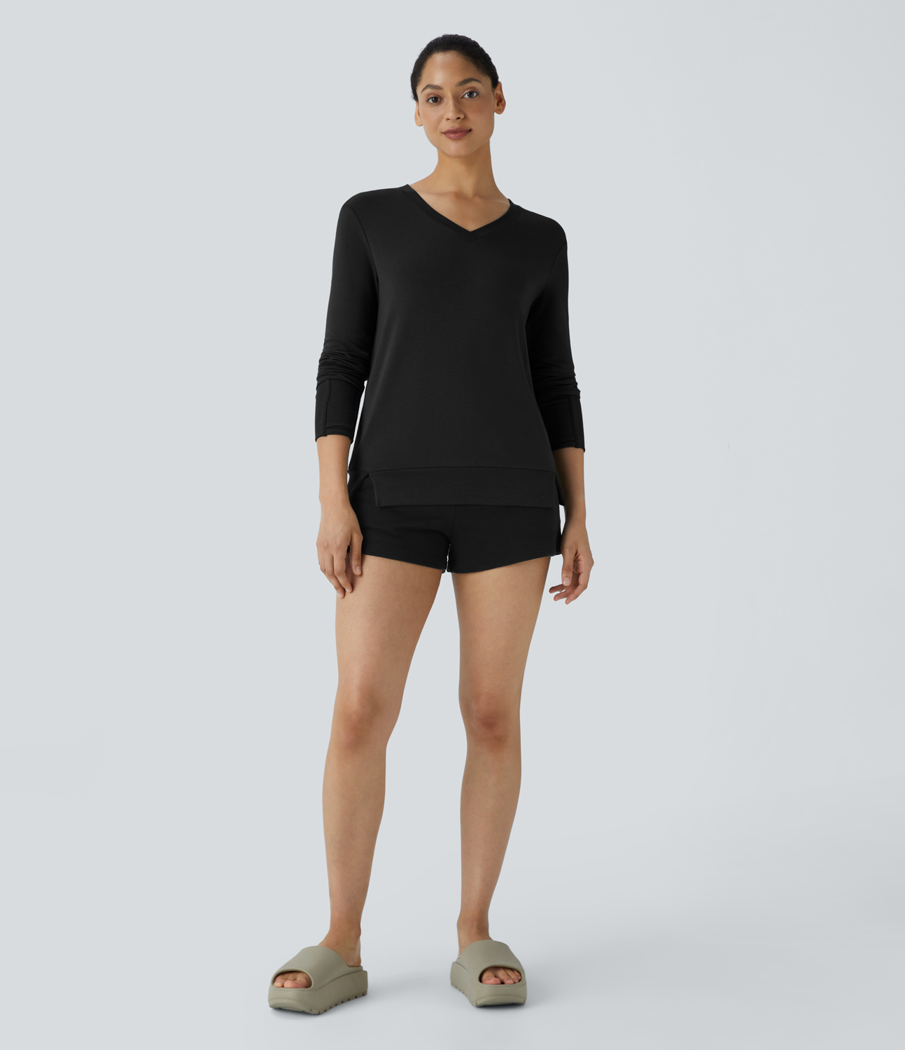 Halara V Neck Thumb Hole Split Ribbed Hem Fleece Lounge Sweatshirt  - Black - XS 