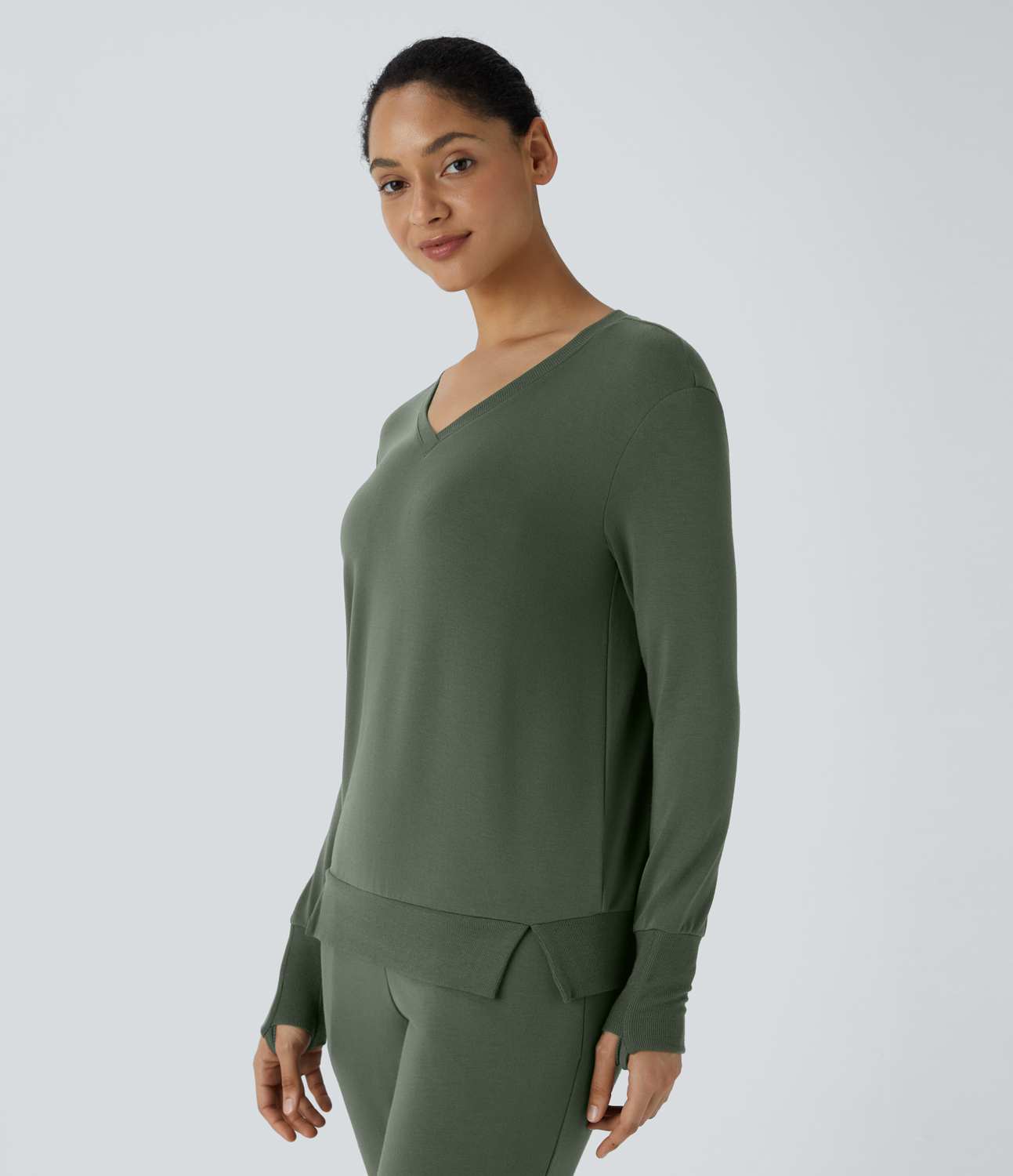 Halara V Neck Thumb Hole Split Ribbed Hem Fleece Lounge Sweatshirt  - Thyme - XL 