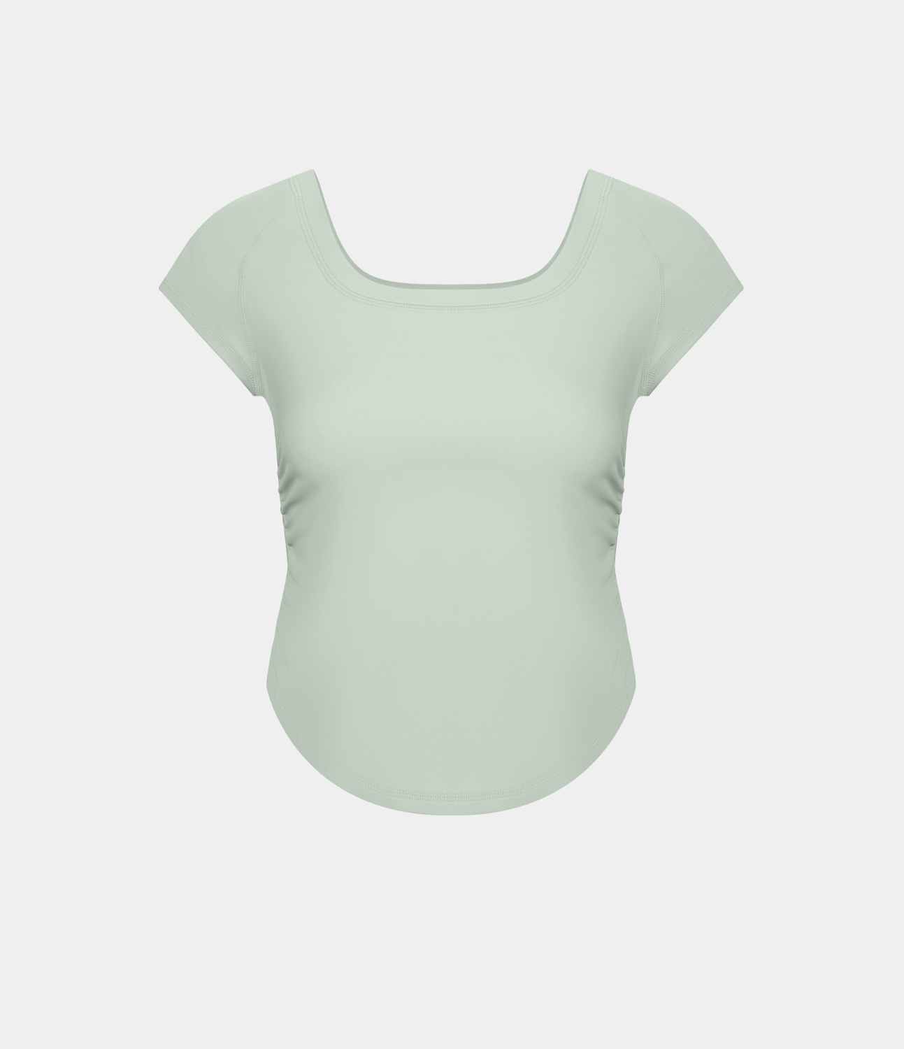 Halara U Neck Short Sleeve Ruched Curved Hem Cropped Casual Sports Top  - Green Lily - L 