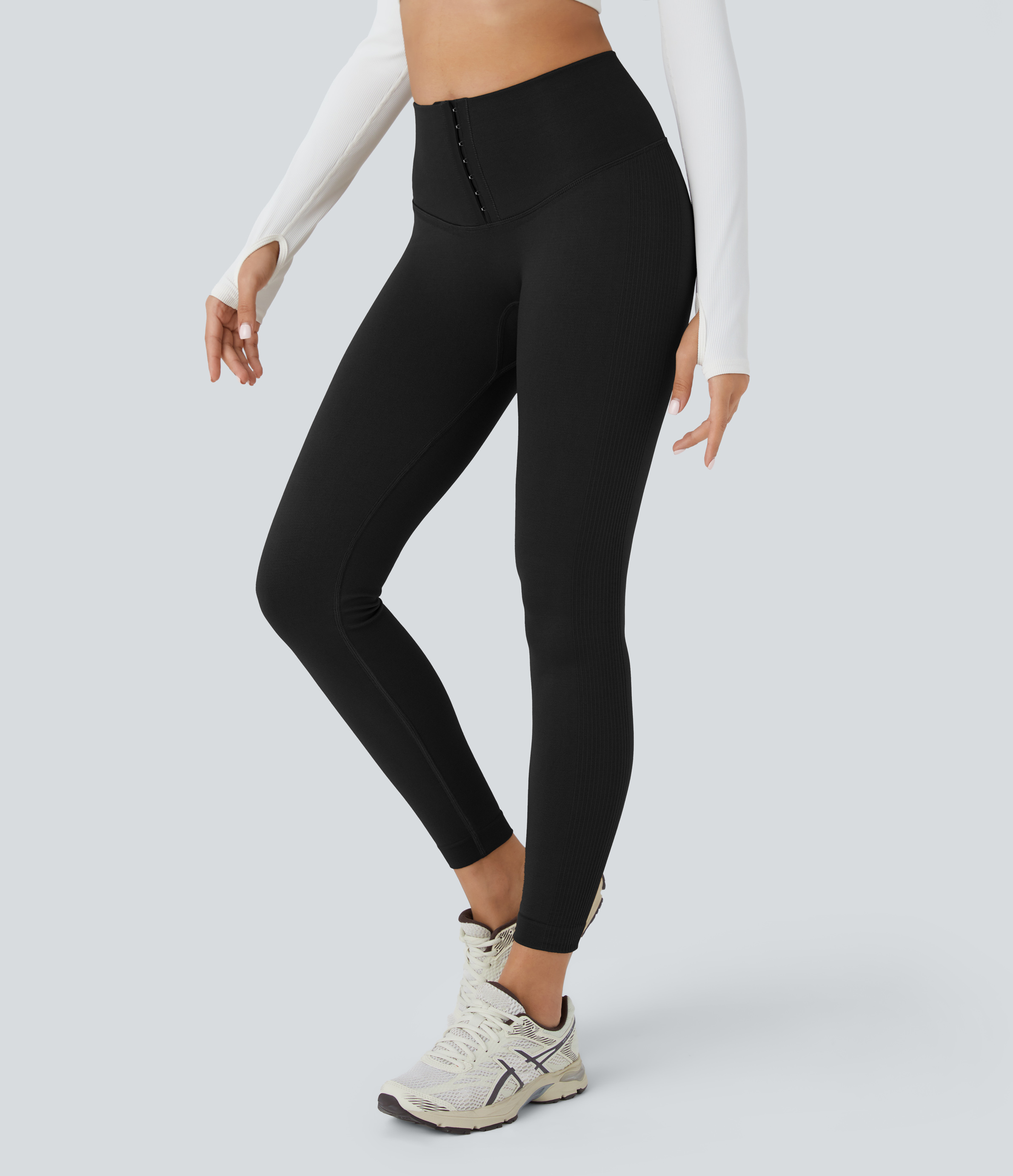Halara Seamless Flow High Waisted Adjustable Hook Tummy Control 7/8 Yoga Leggings  - Black - S(7/8) gym leggings leggings with pockets 