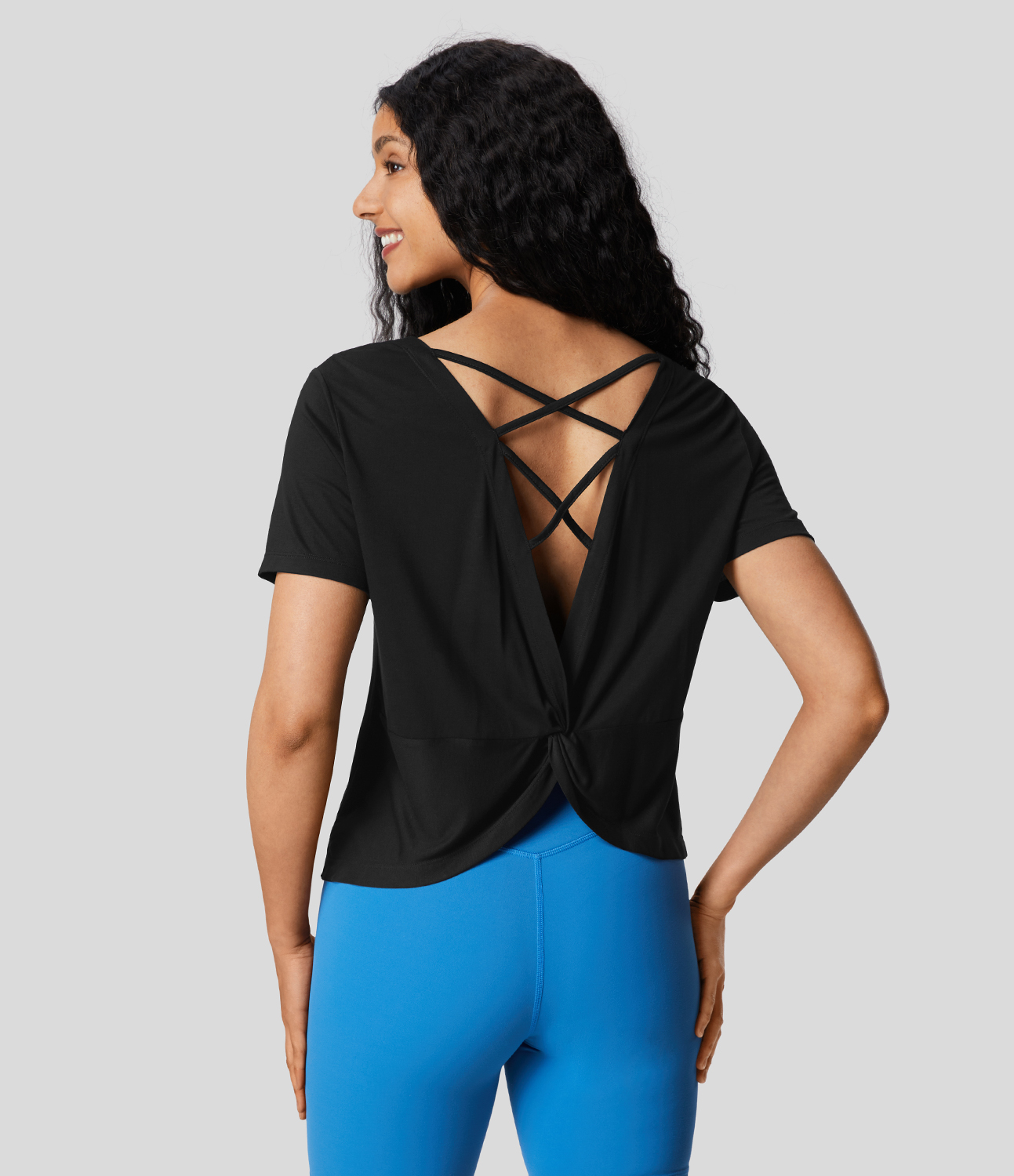 Halara Cut Out Crisscross Twisted Back Short Sleeve Yoga Sports Top  - Black - XS 