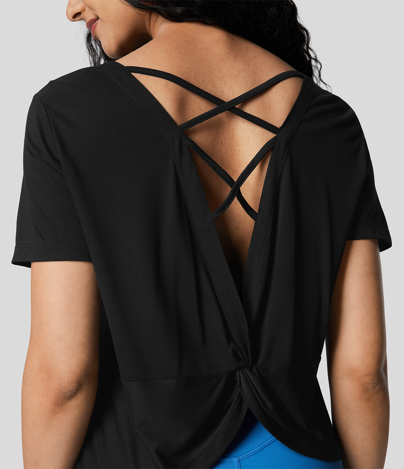 Halara Cut Out Crisscross Twisted Back Short Sleeve Yoga Sports Top  - Black - XS 