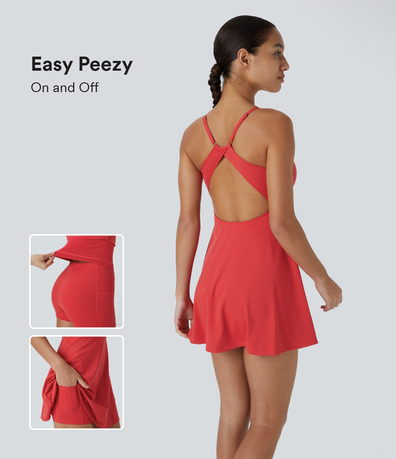 Rückenfreies 2-in-1-Aktivkleid mit verstellbaren Trägern und Taschen – Easy Peezy Edition