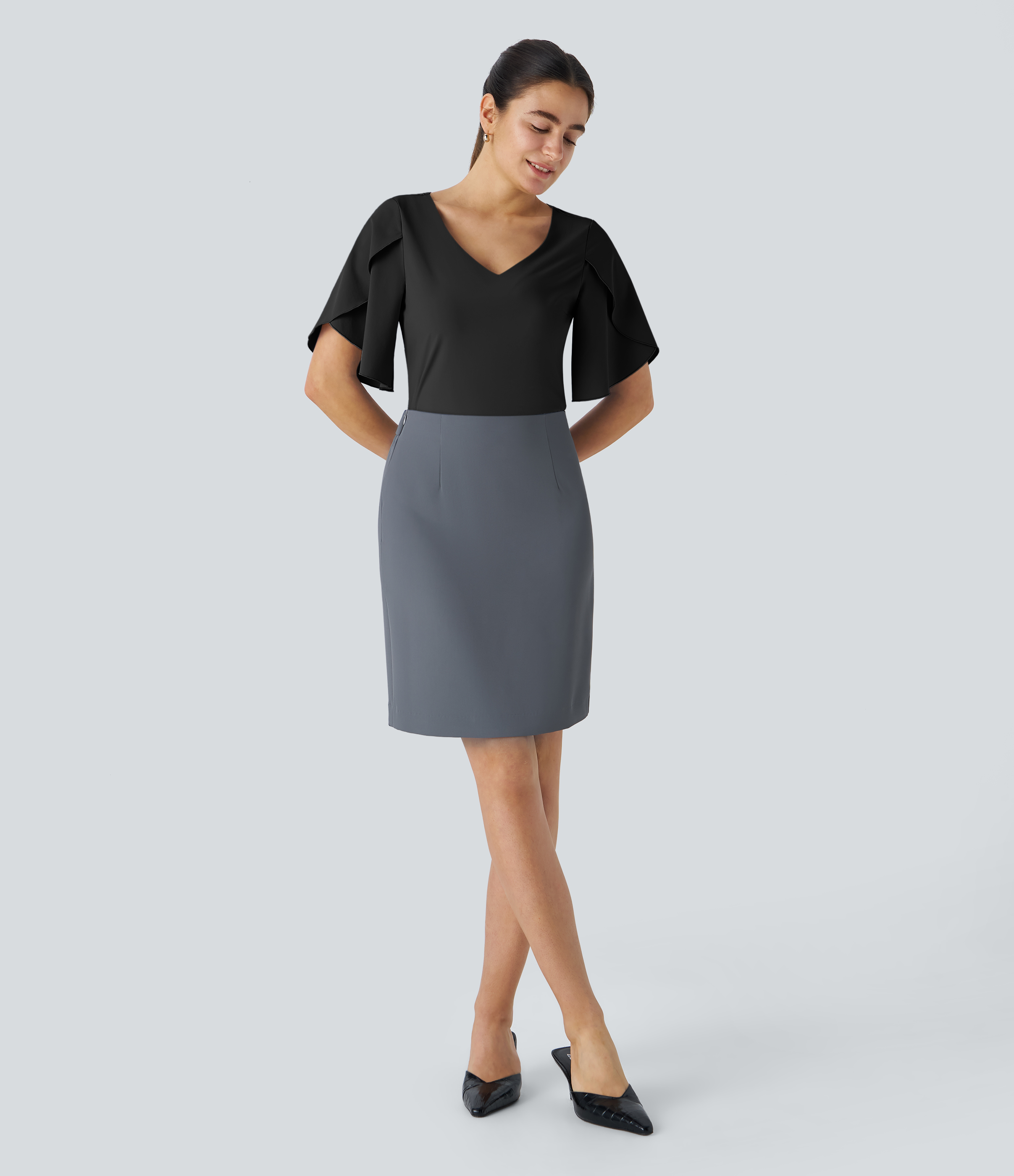 Halara Breezefulв„ў V Neck Ruffle Short Sleeve Quick Dry Work Blouse  - Black - S 
