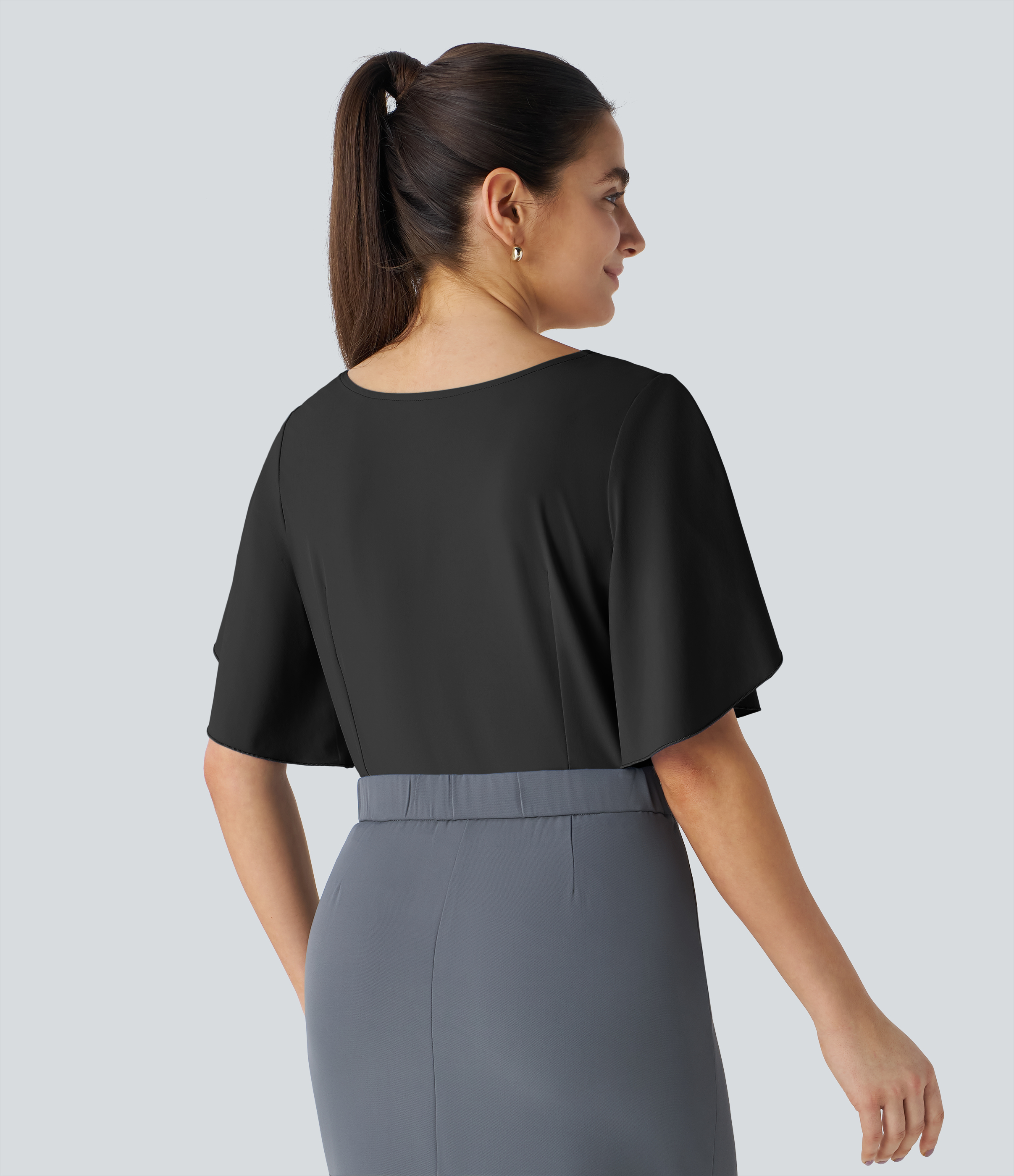 Halara Breezefulв„ў V Neck Ruffle Short Sleeve Quick Dry Work Blouse  - Black - S 